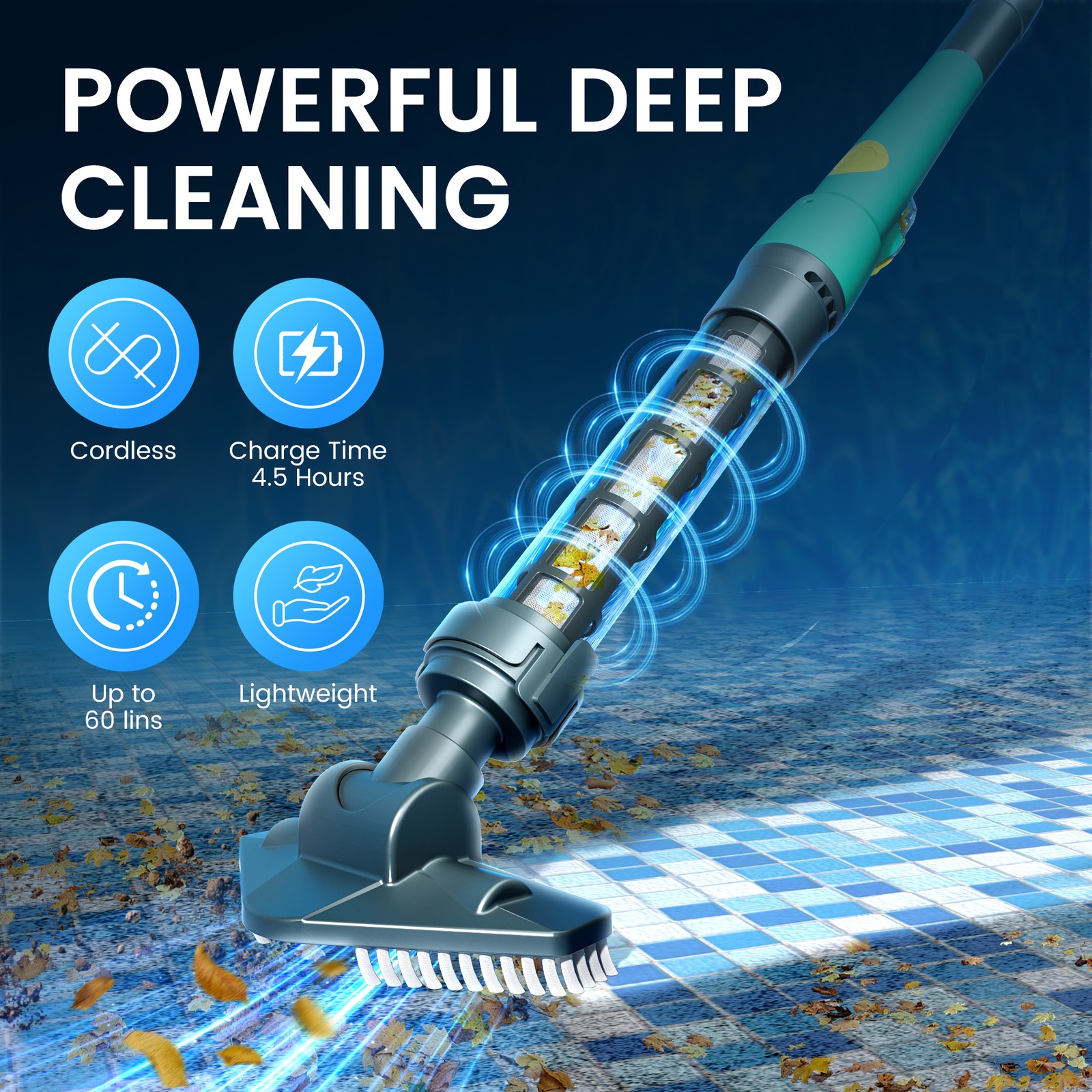 Cordless Rechargeable Pool Vacuum Handheld Cleaner 60min IPX8 w/ Telescopic Pole