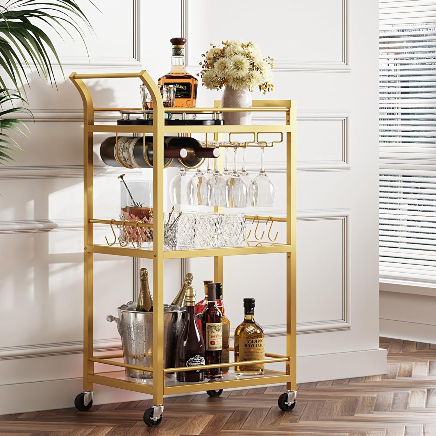 Bar Cart Home Bar Serving Cart W/ 3-Tier Mirrored Shelf Wine Cart Mobile Kitchen