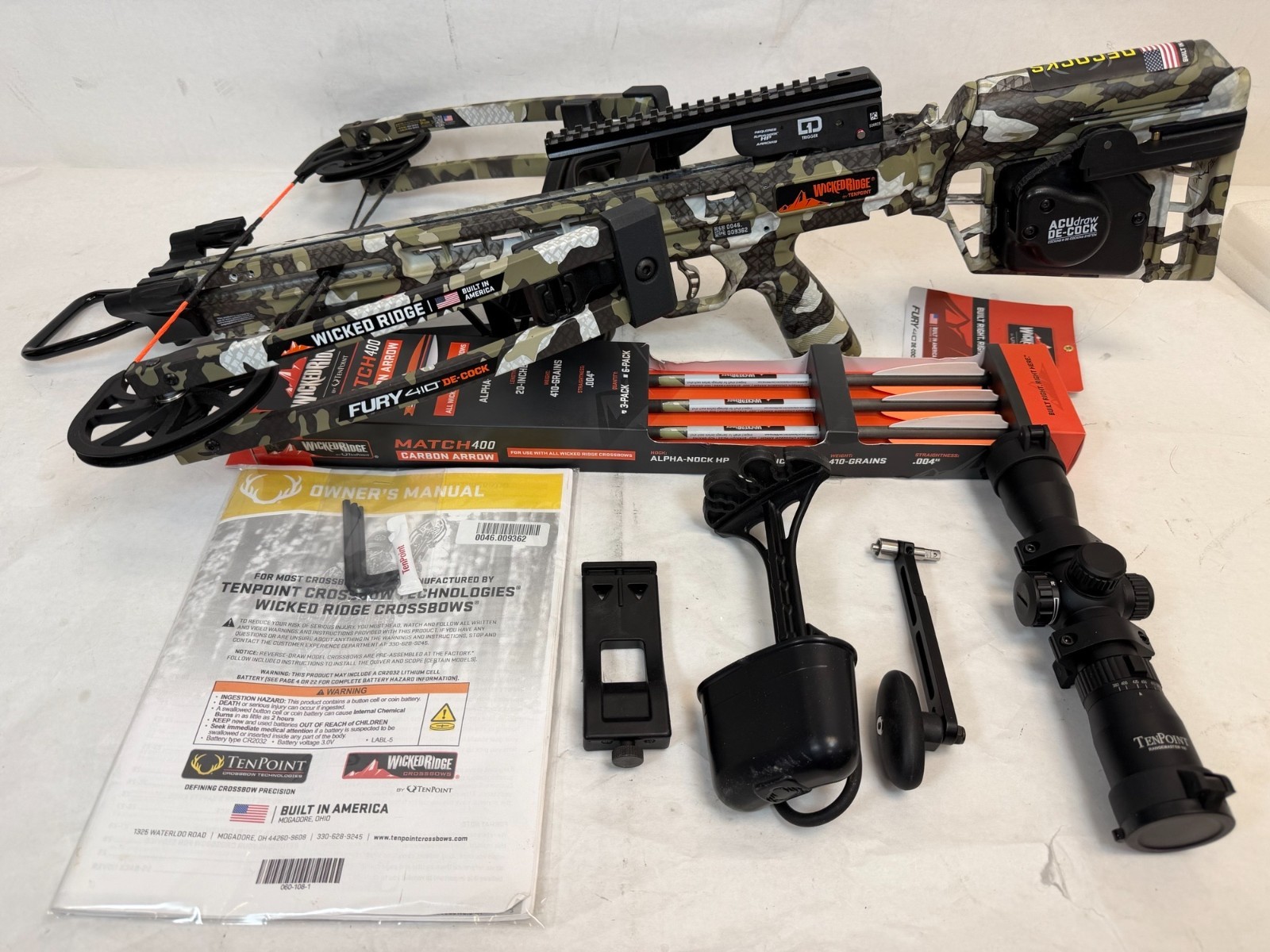 Used- Wicked Ridge Fury 410 De-Cock Crossbow with Rangemaster 100 Scope