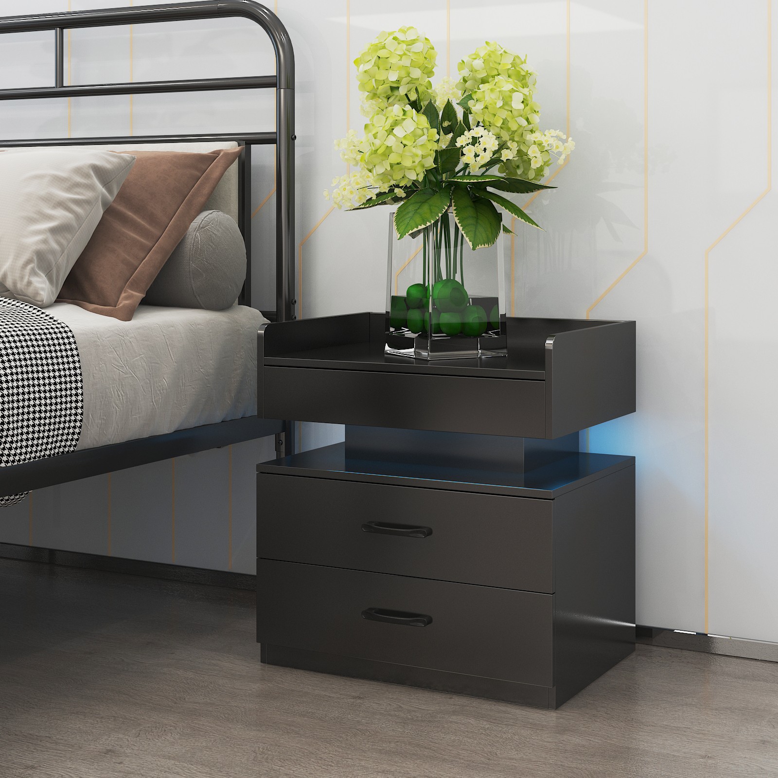 1 Set Nightstand with Adjustable LED Strip Light, 2-drawers, Large Storage Spac