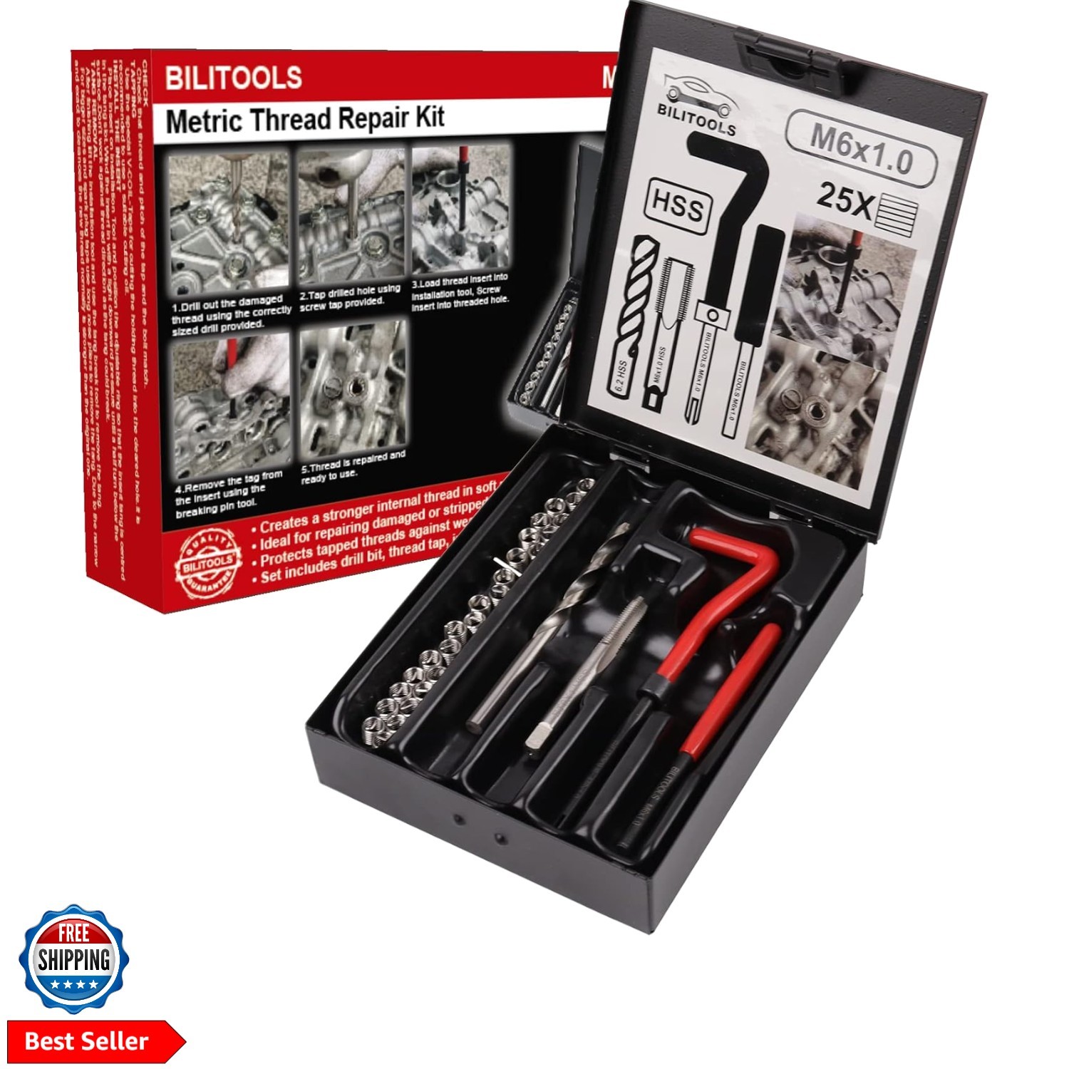 M6x1.0 Thread Repair Kit, HSS Drill Helicoil Repair Kit Metric