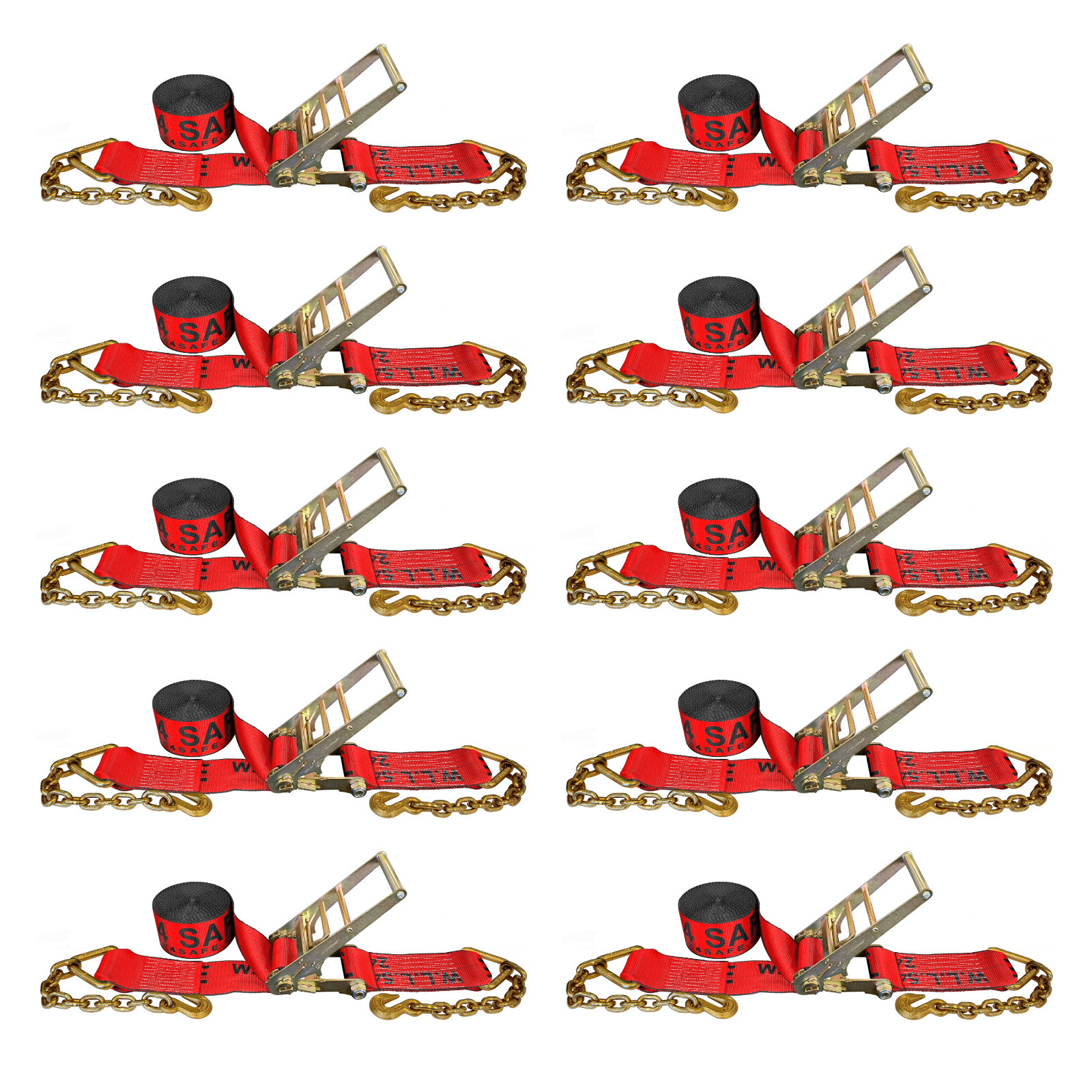 10 Pack USA 4" x 30' Ratchet Strap W/ Chain Extension Flatbed Truck Tie Down Red