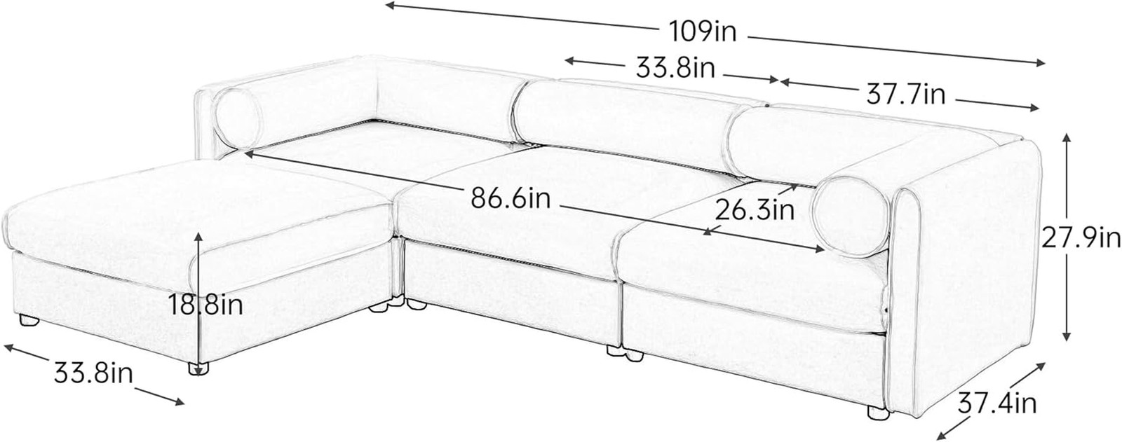 109" L-Shaped Modular Chenille Sectional Sofa with Storage Seat, 1 Ottoman, Mode
