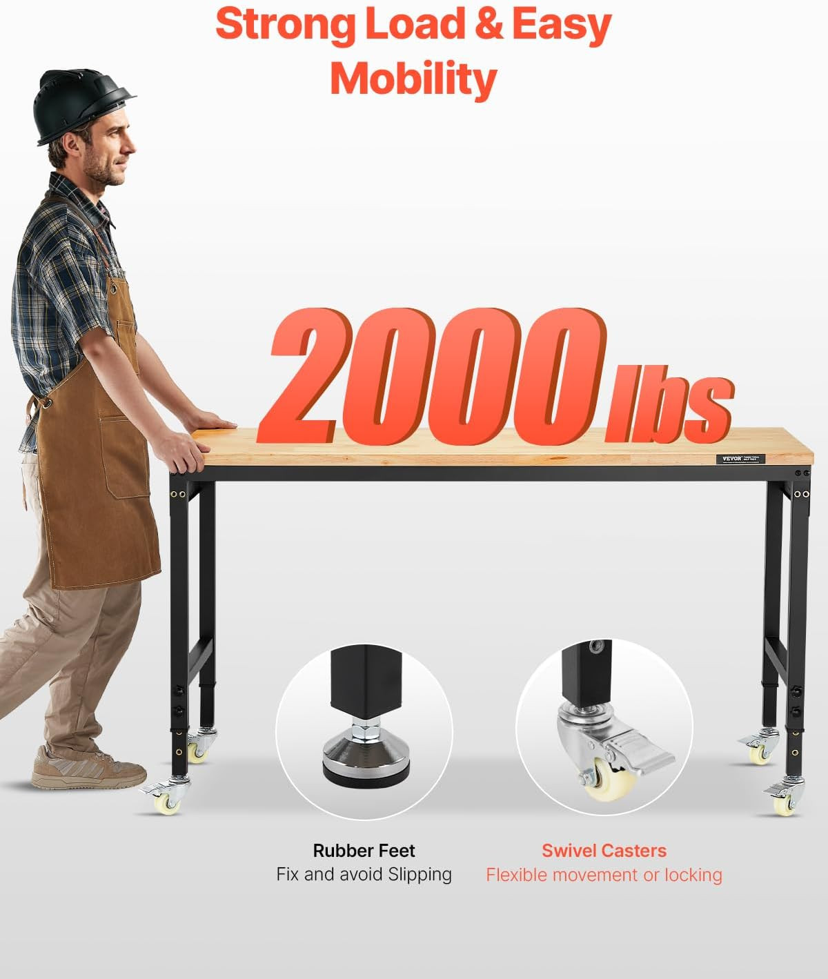 Adjustable Workbench, 60 Inch Work Bench with Power Outlet, Wheels, and Pegboard