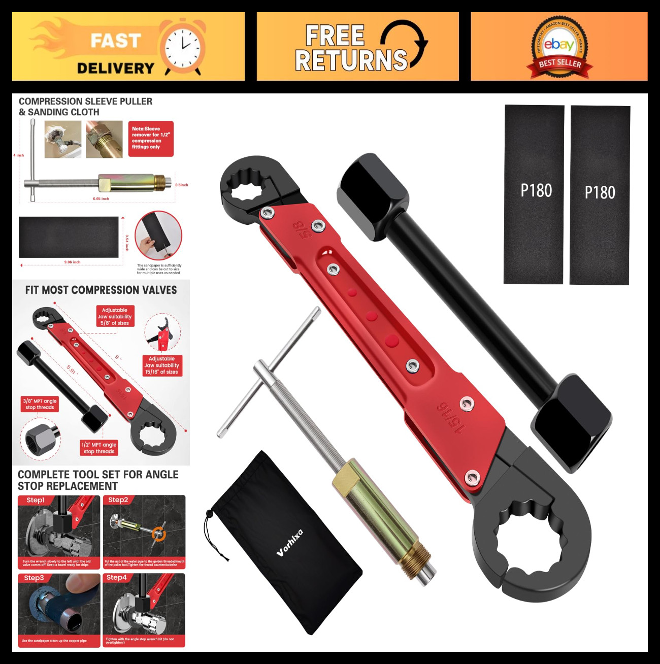6-Piece Plumbing Tool Set - Angle Stop Wrench, Compression Sleeve Puller, Sandpa