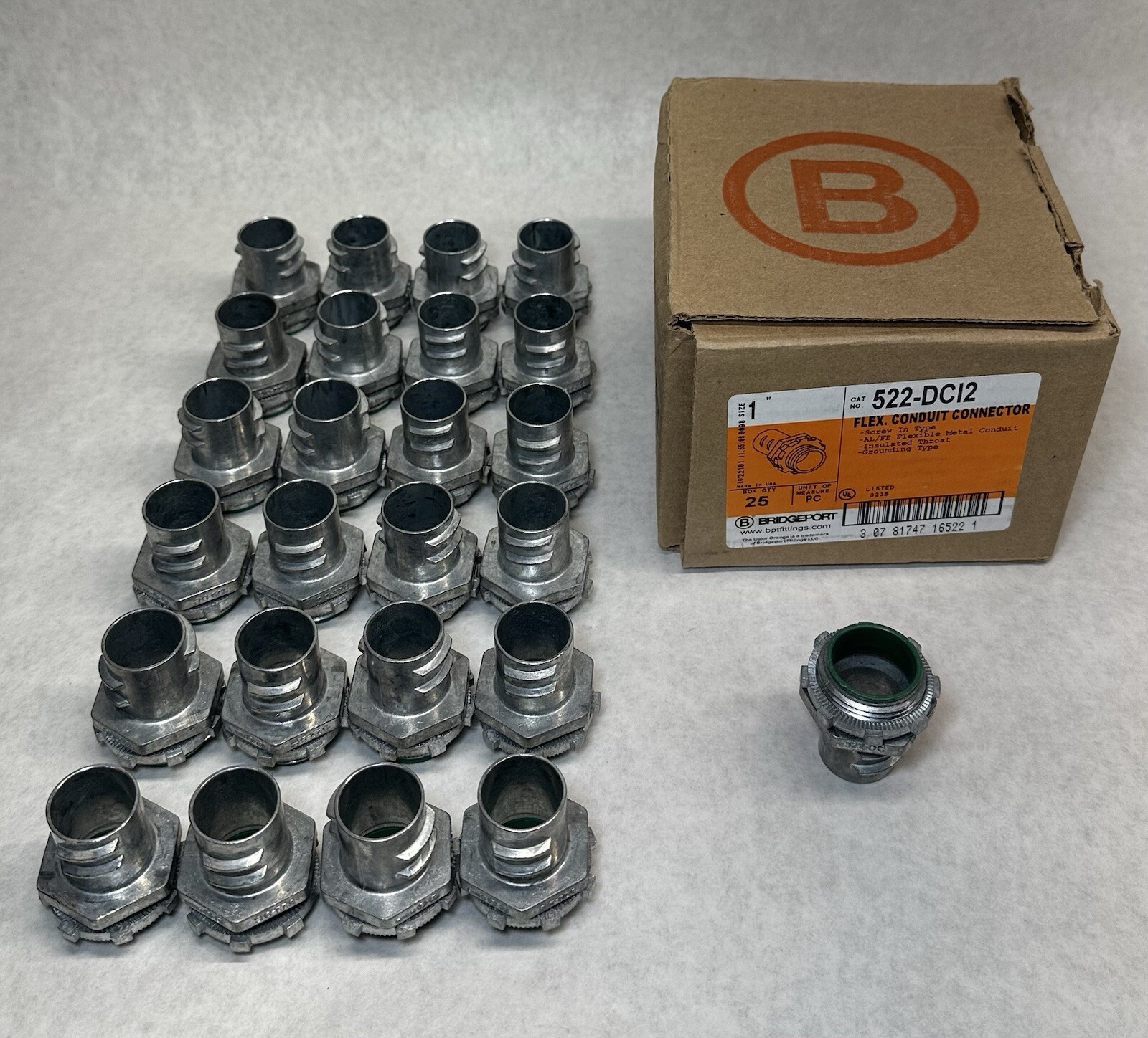 NEW (25-Pack) Bridgeport 522-DCI2 Flex/FMC Connector, Screw-In, Insulated, 1”