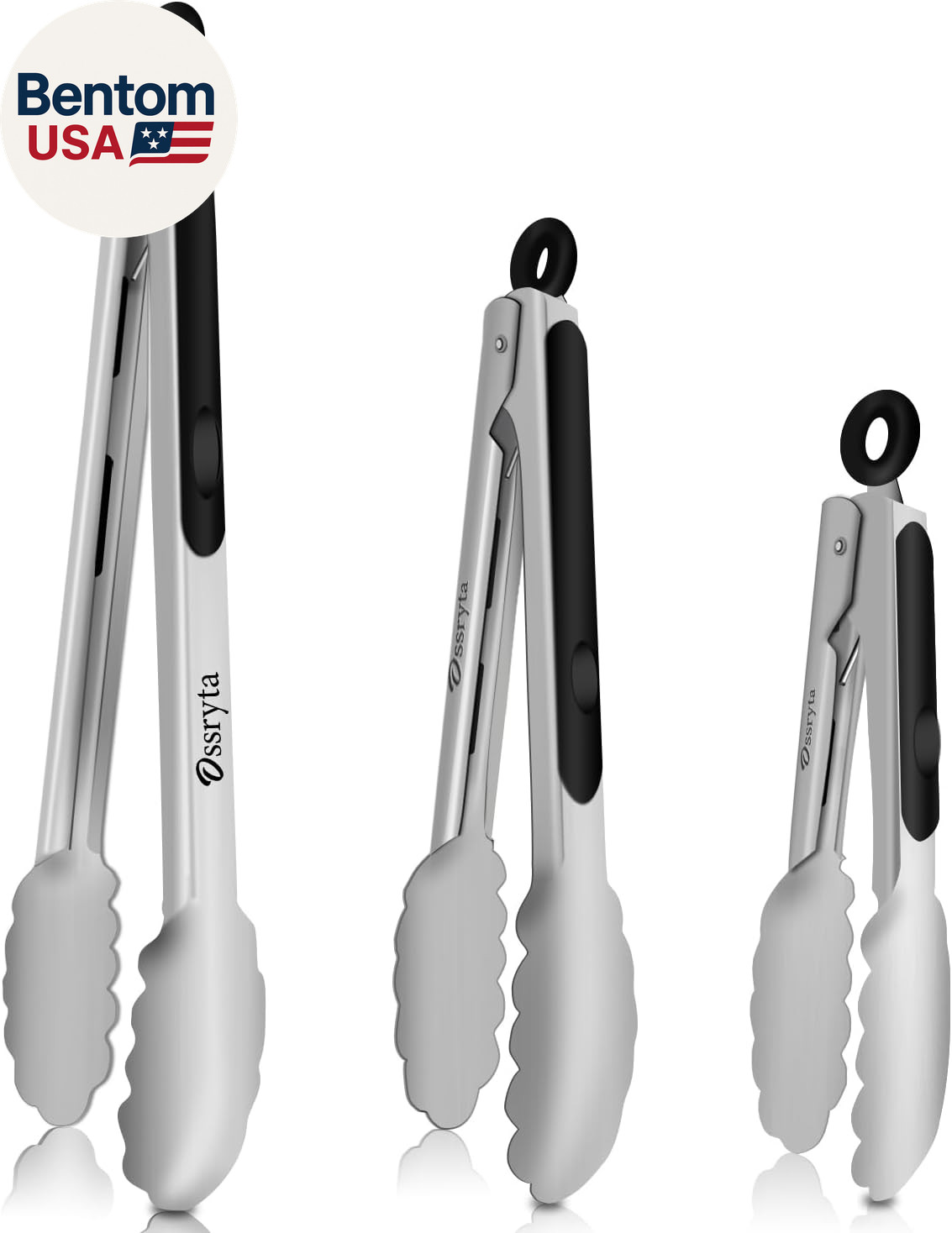 Stainless Steel Cooking Tongs Set of 3 - Heavy Duty 12/9/7 Inch Locking Tongs, H
