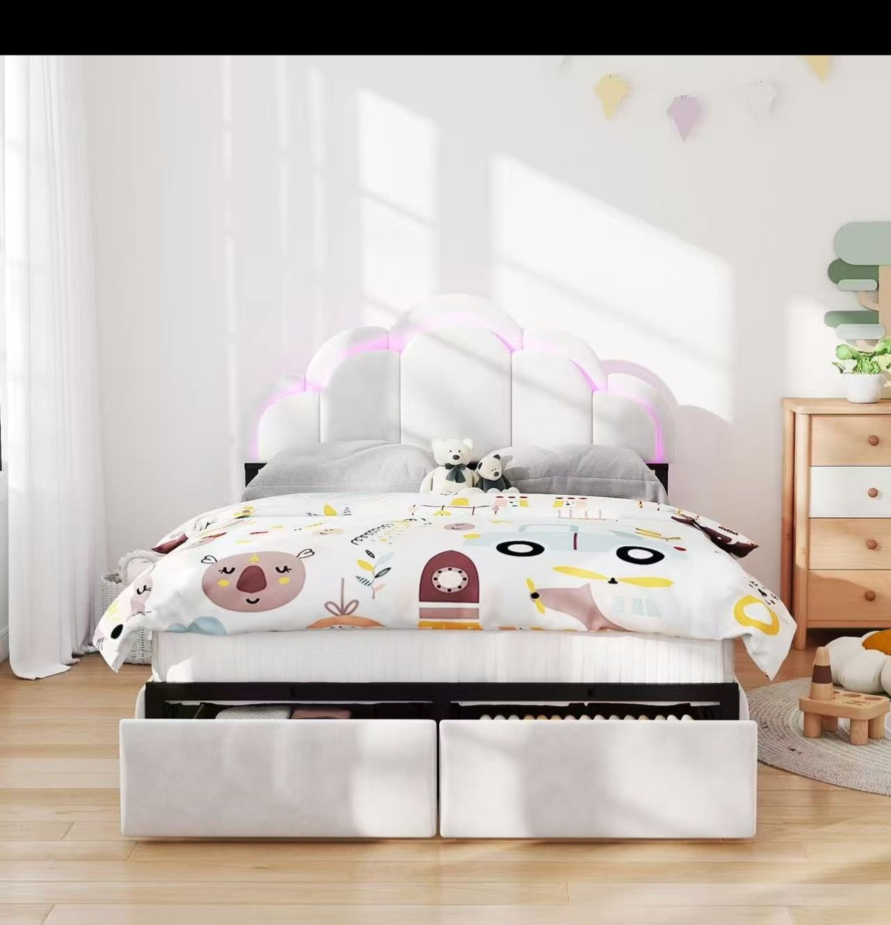 Full Upholstered LED Bed Frame with 2 Storage Drawers, Chic Double Wa