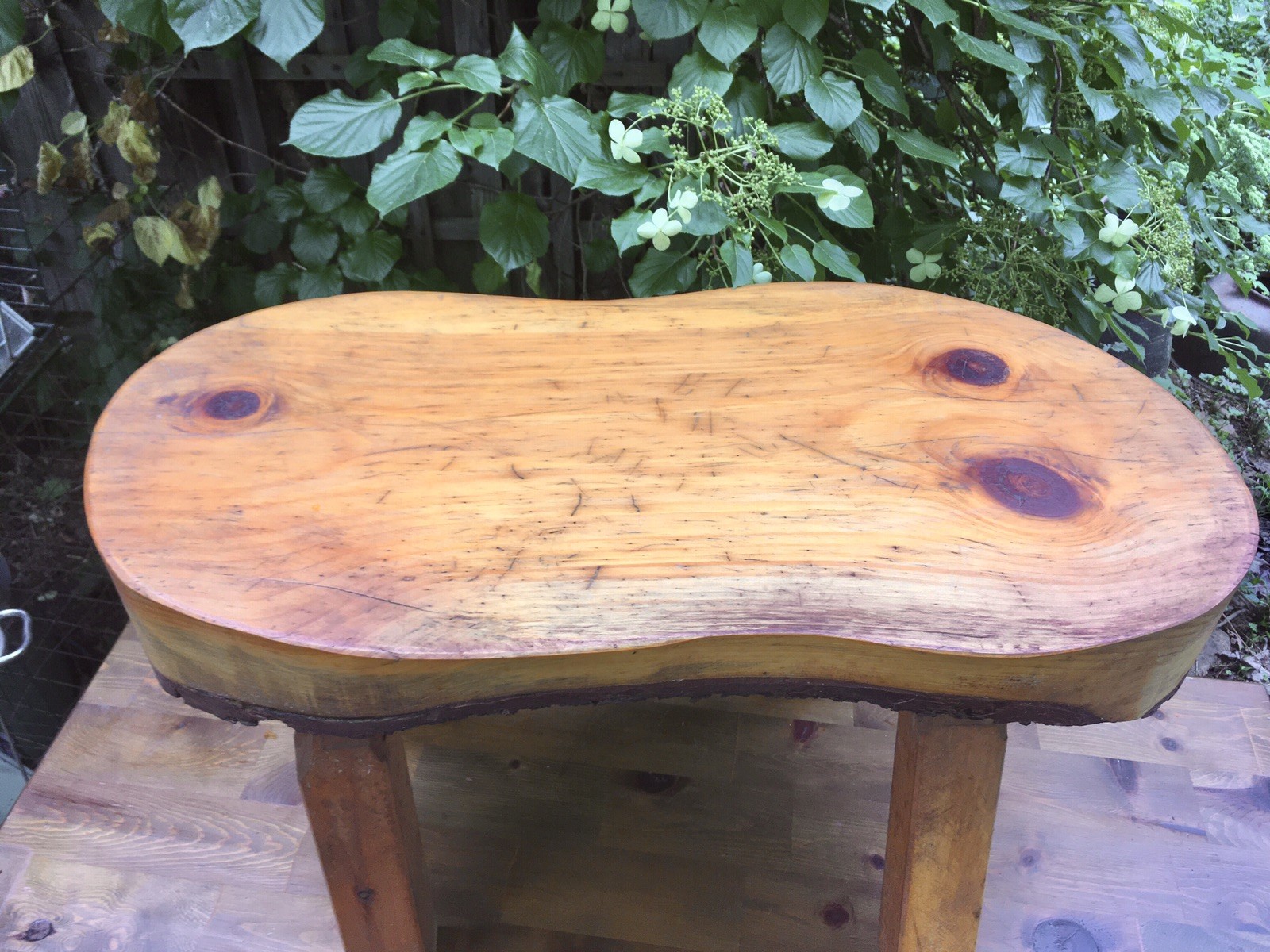 Vintage Handmade Primitive Wooden Log Bench Coffee Table w Bark Underside
