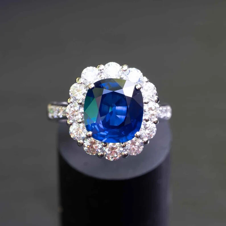 2.65 Ct Cushion Natural Sapphire Diamond Engagement Ring 14k White Gold Size 5