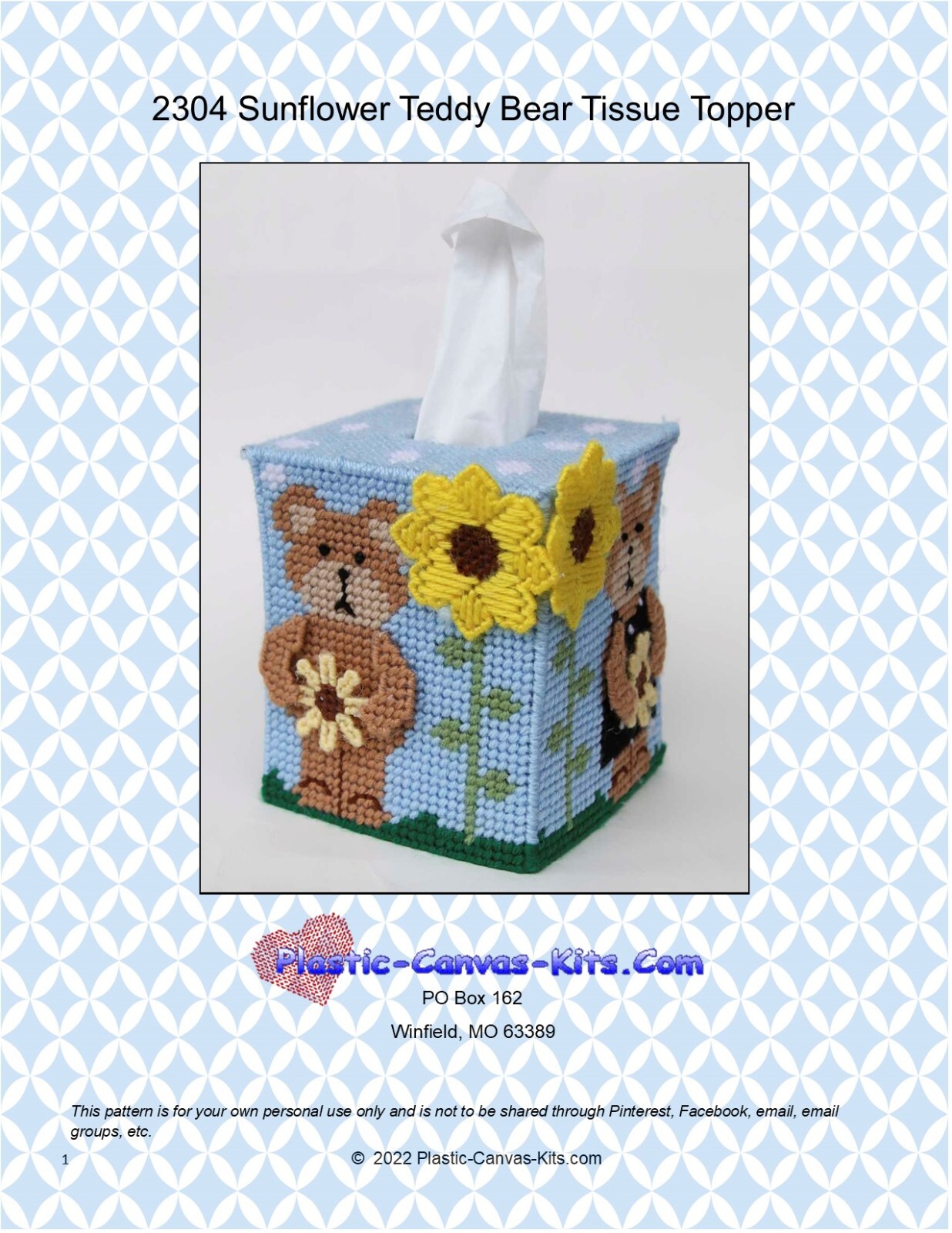 Sunflower Teddy Bear Tissue Topper-Plastic Canvas Pattern or Kit