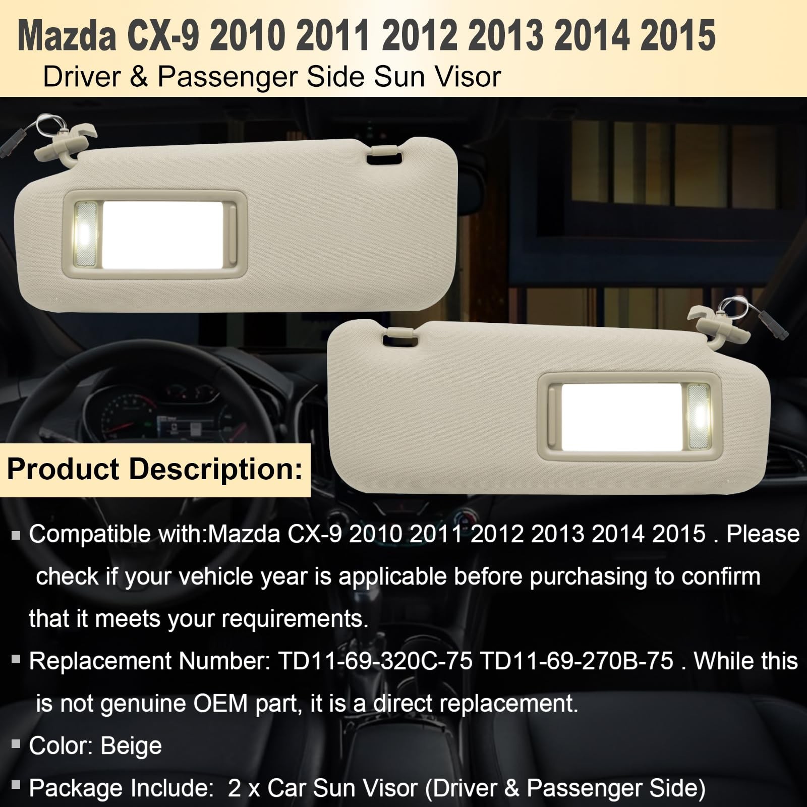 NHILES Left Driver & Right Passenger Sun Visor Compatible with Mazda CX-9 201...