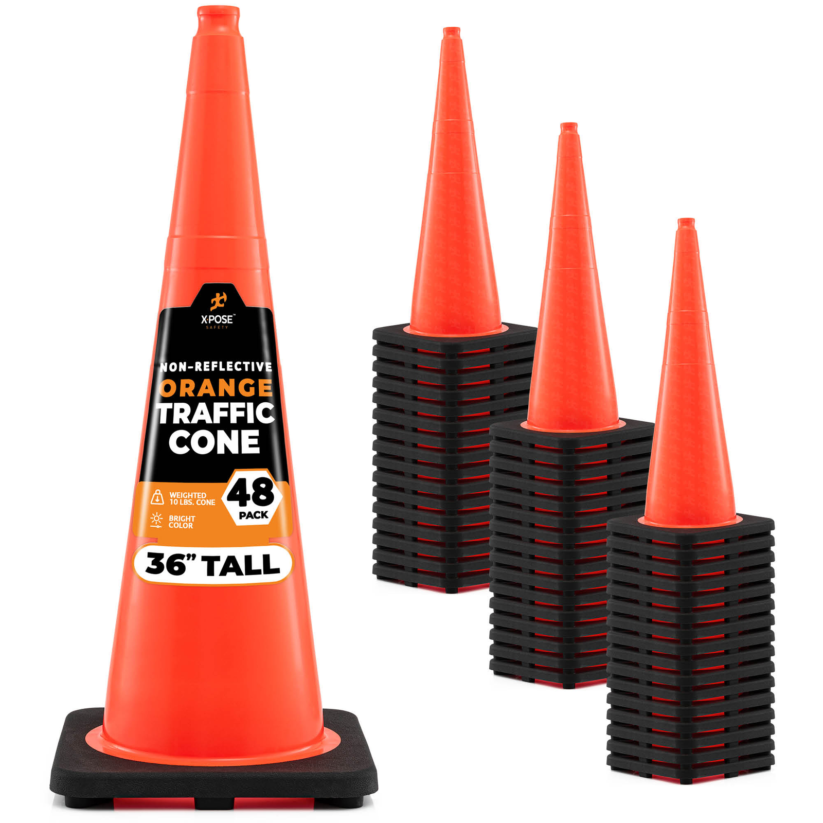 48 Orange Traffic Cones 36 Inch - Multipurpose PVC Plastic Safety Cone