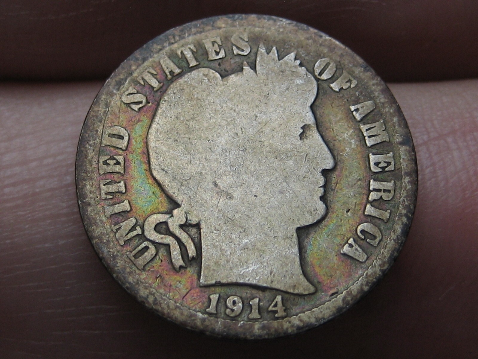 1914 P Silver Barber Dime- Philadelphia, Album Toned, About Good Details