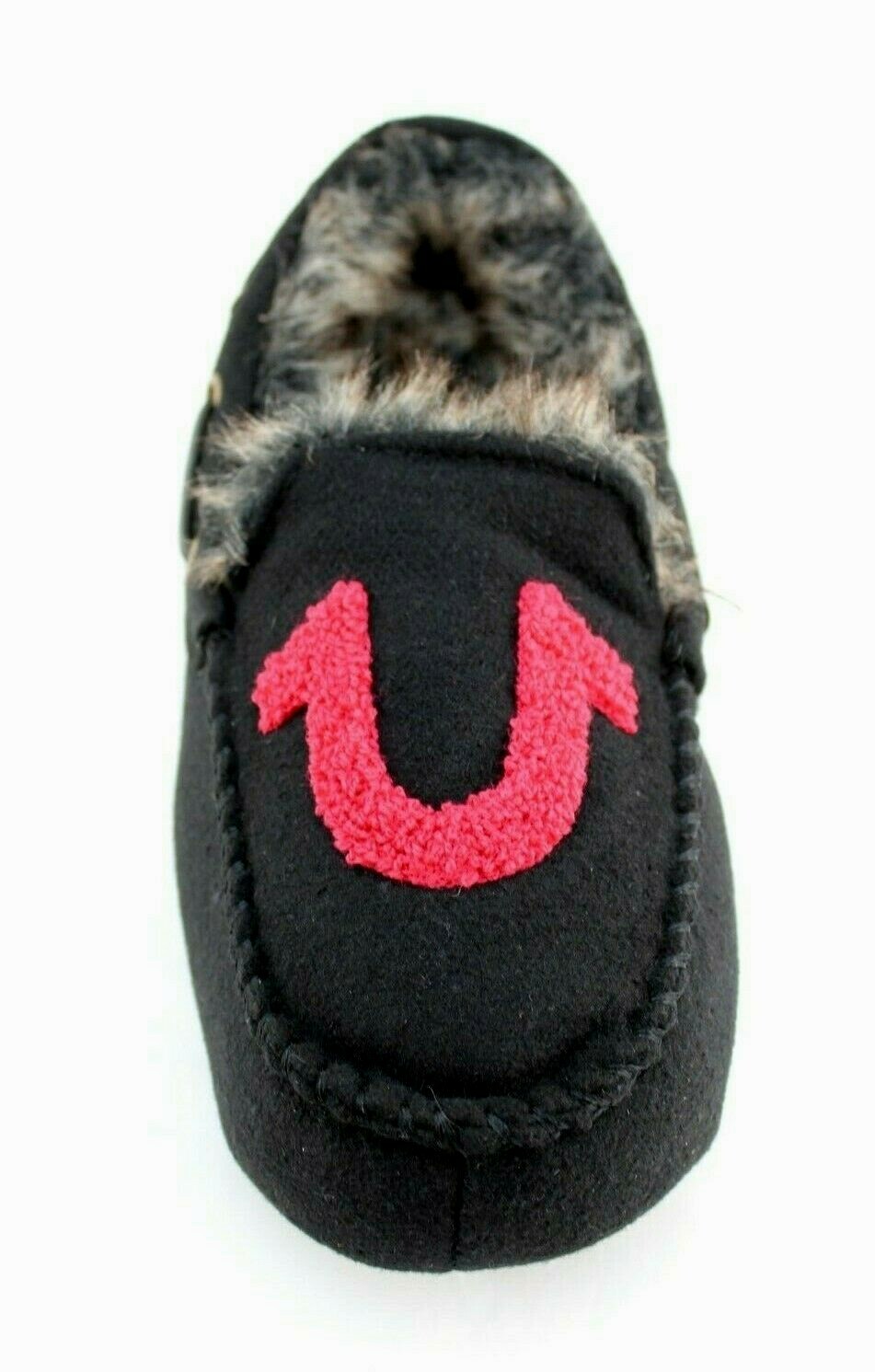 New TRUE RELIGION Size S 7-8 Black / Red Faux Fur Lined Men's Moccasins Slippers