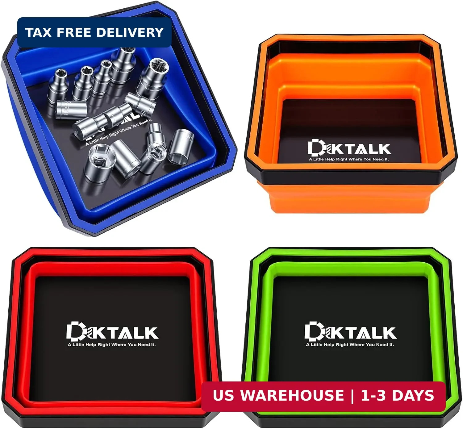 Foldable Magnetic Parts Tray Set - 4 Pack Color-Coded Collapsible Trays, 2lb Cap
