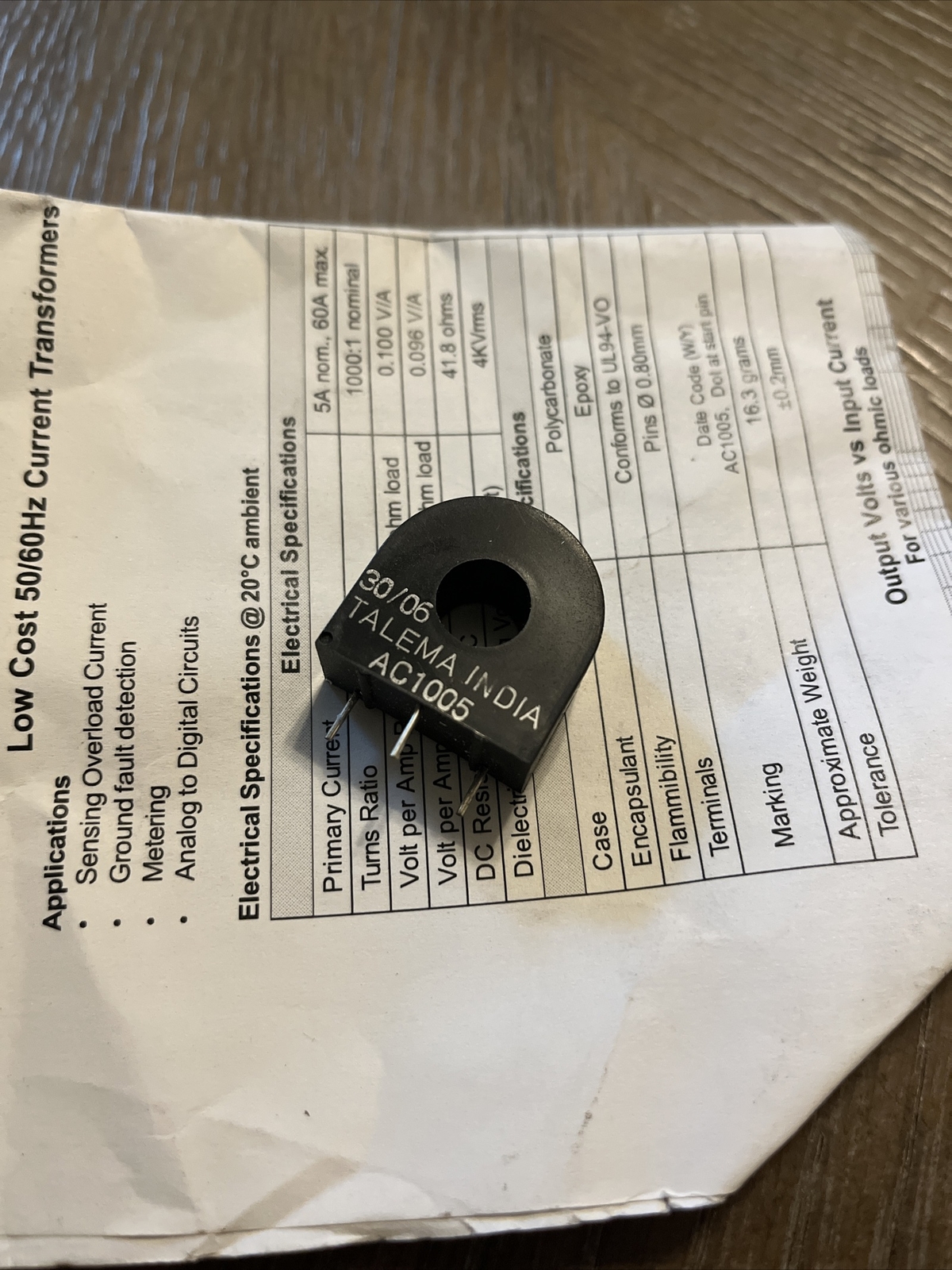 TALEMA AC1005 CT AC CURRENT SENSE READING TRANSFORMER 5A=500MV SOLAR WIND USA