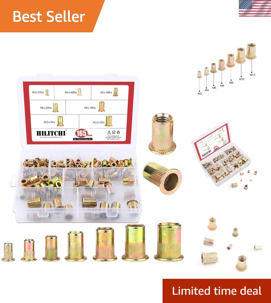 Complete Rivet Nut Set - 165pcs Zinc Plated Carbon Steel M3 to M12 Assortment