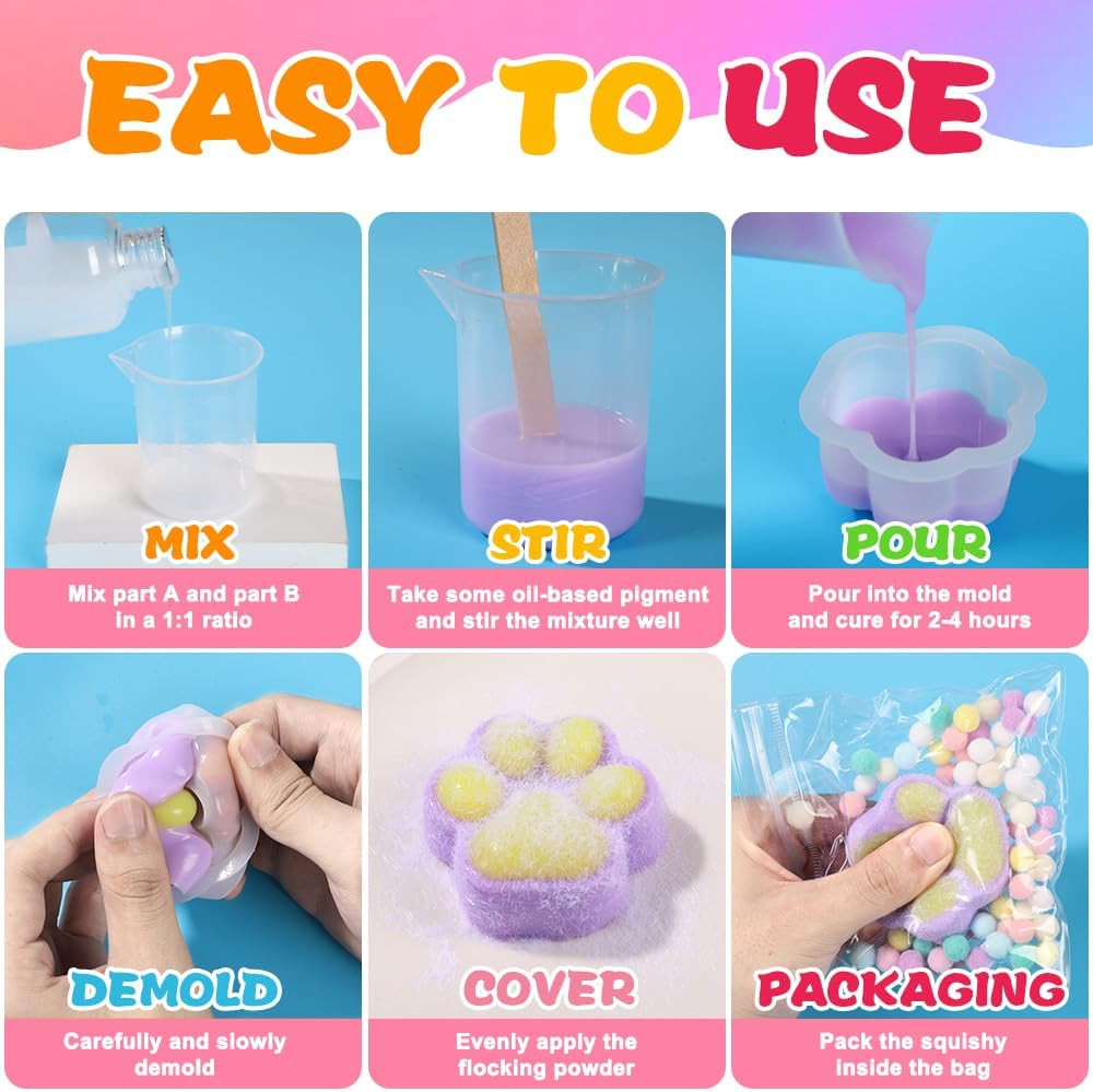 Taba Squishy Kit, DIY Squishy Making Kit 18OZ 1:1 AB Liquid Silicone with 6 Mold
