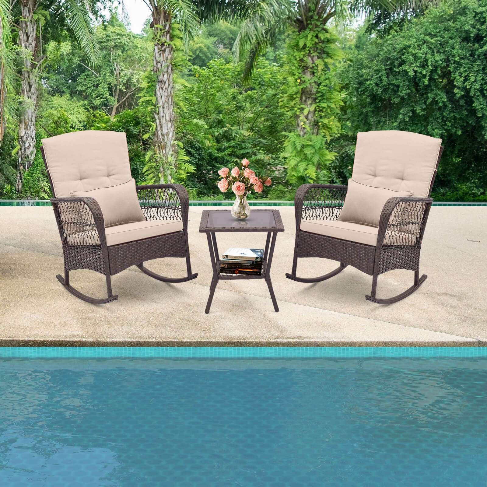 3 PCS Patio Rocker Set Outdoor Wicker Rocking Chairs w/Double-Layer Coffee Table