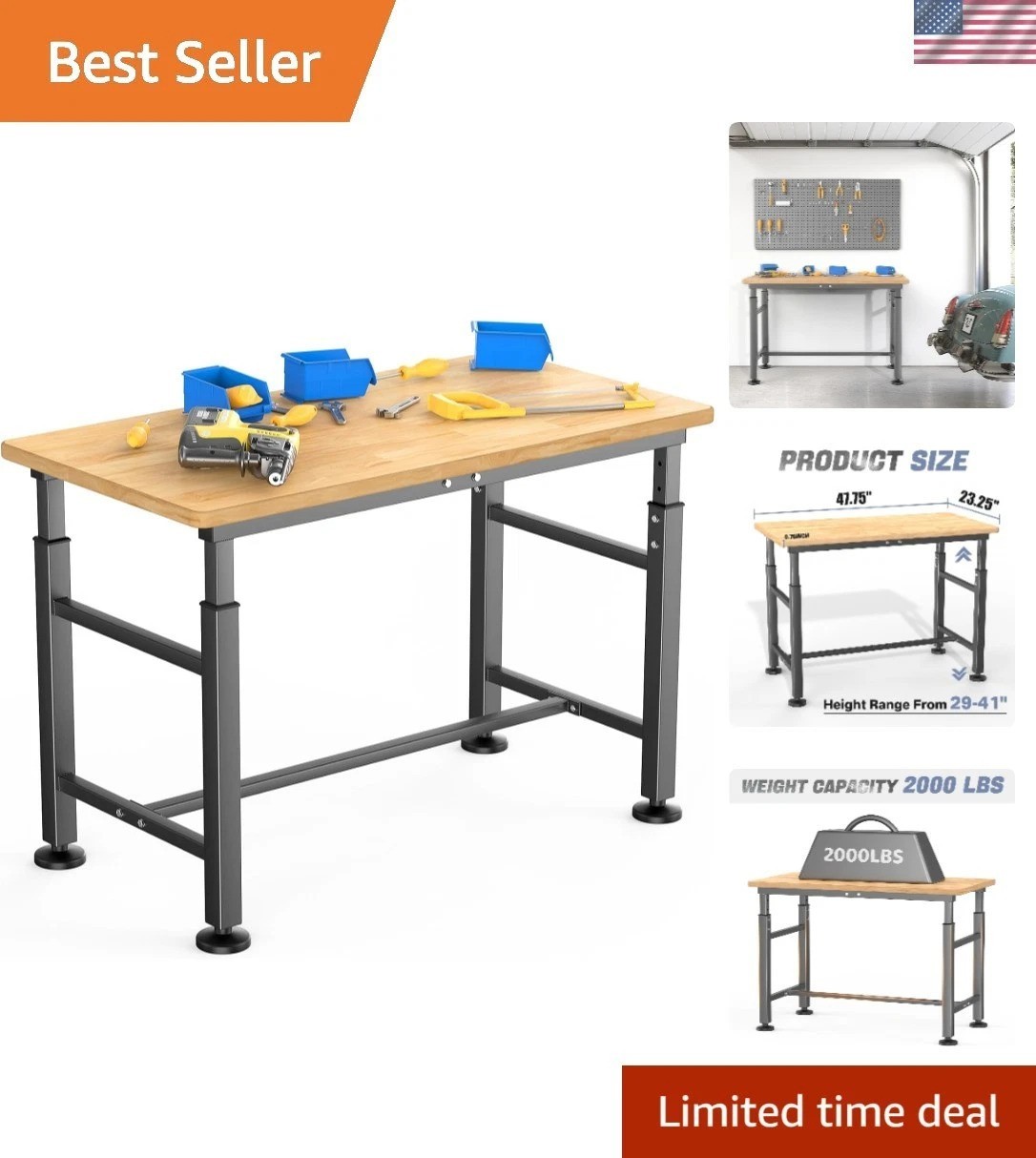 Multi-Purpose Adjustable Height Workbench - 2000 lbs Capacity Rubberwood Top