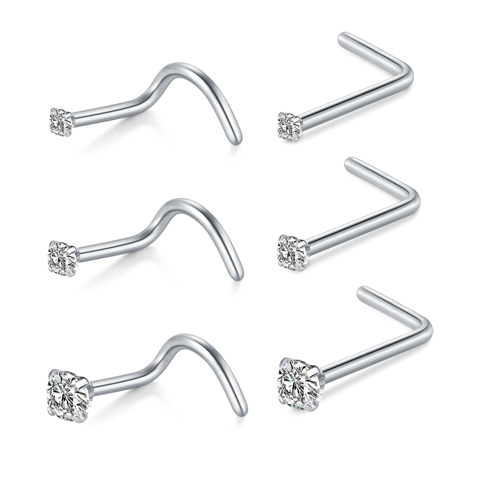 D.Bella Nose Rings 6Pcs 18G Screw Studs Corkscrew & L Shape CZ Silver