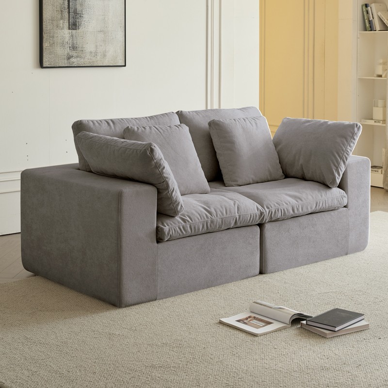 Compressed Sectional Sofa Modern Minimalist Style Corduroy Couch Light Gray