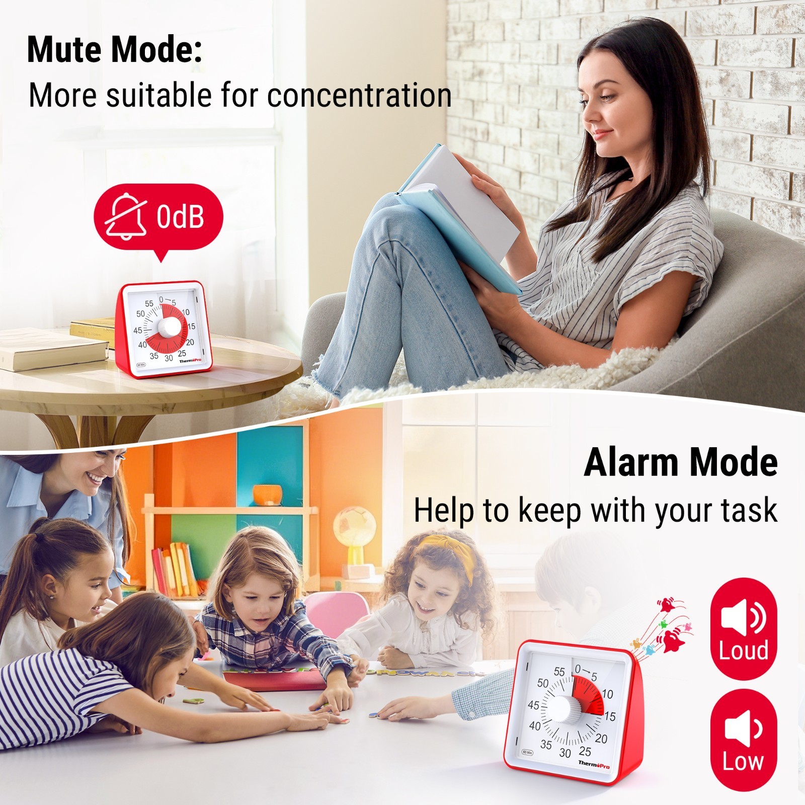 ThermoPro TM021 60 Min Visual Kitchen Timer Red Dial Cooking Baking Timer