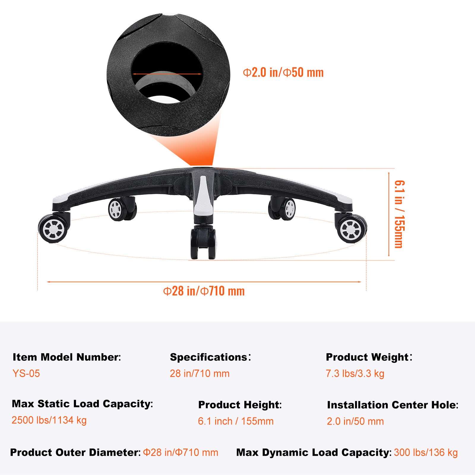 Office Chair Base Replacement 28" Heavy Duty Swivel Chair Base 2500 lbs