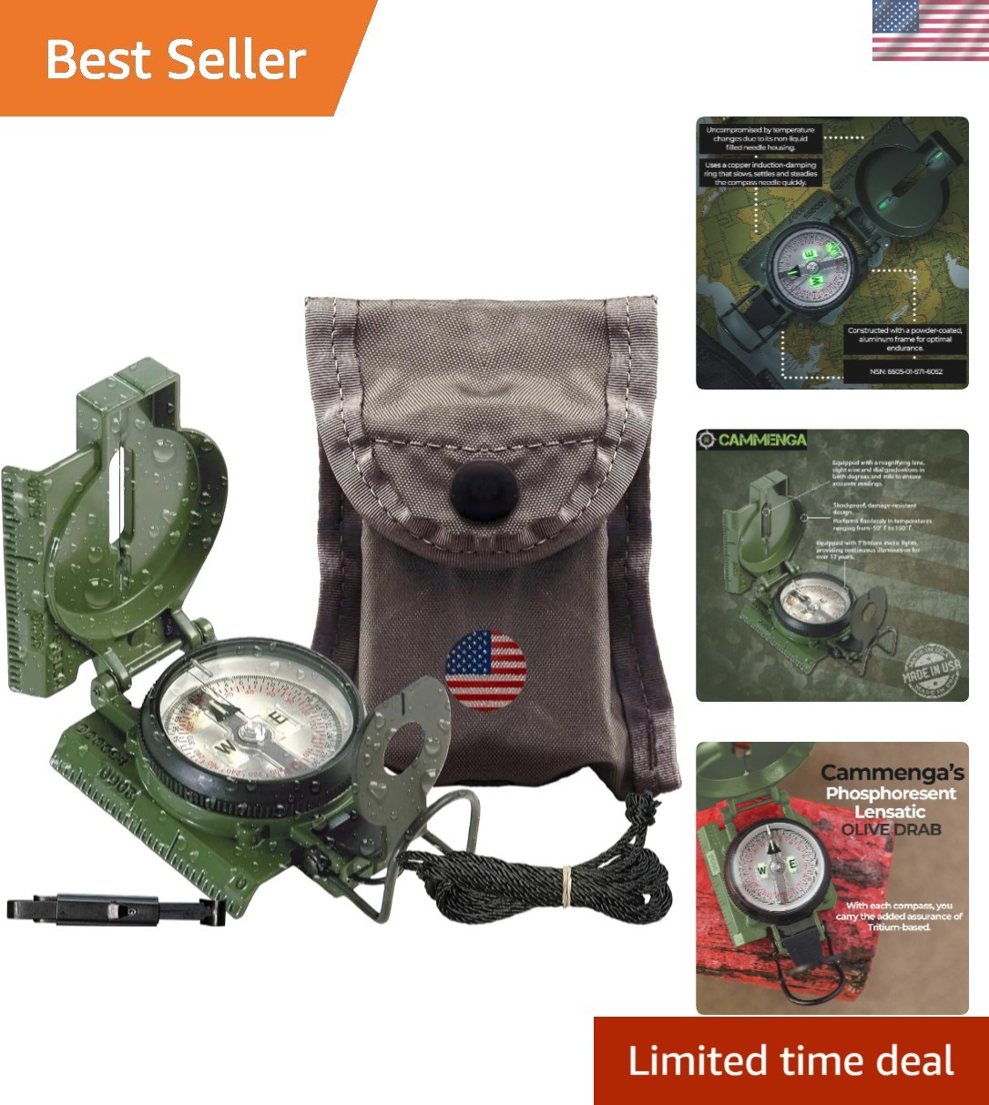 Military Grade Waterproof Lensatic Compass - Phosphorescent Tactical Navigation