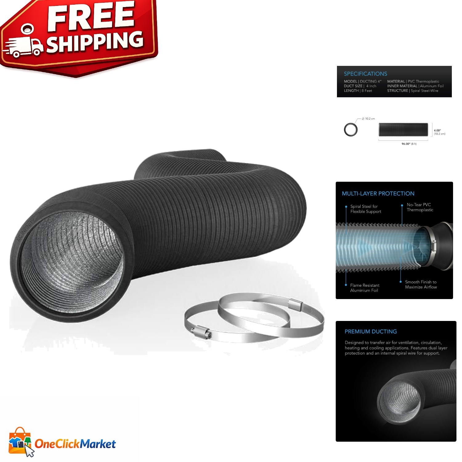 Flexible 8-Foot Aluminum Ducting – Leak-Proof 4-Inch Ventilation Solution