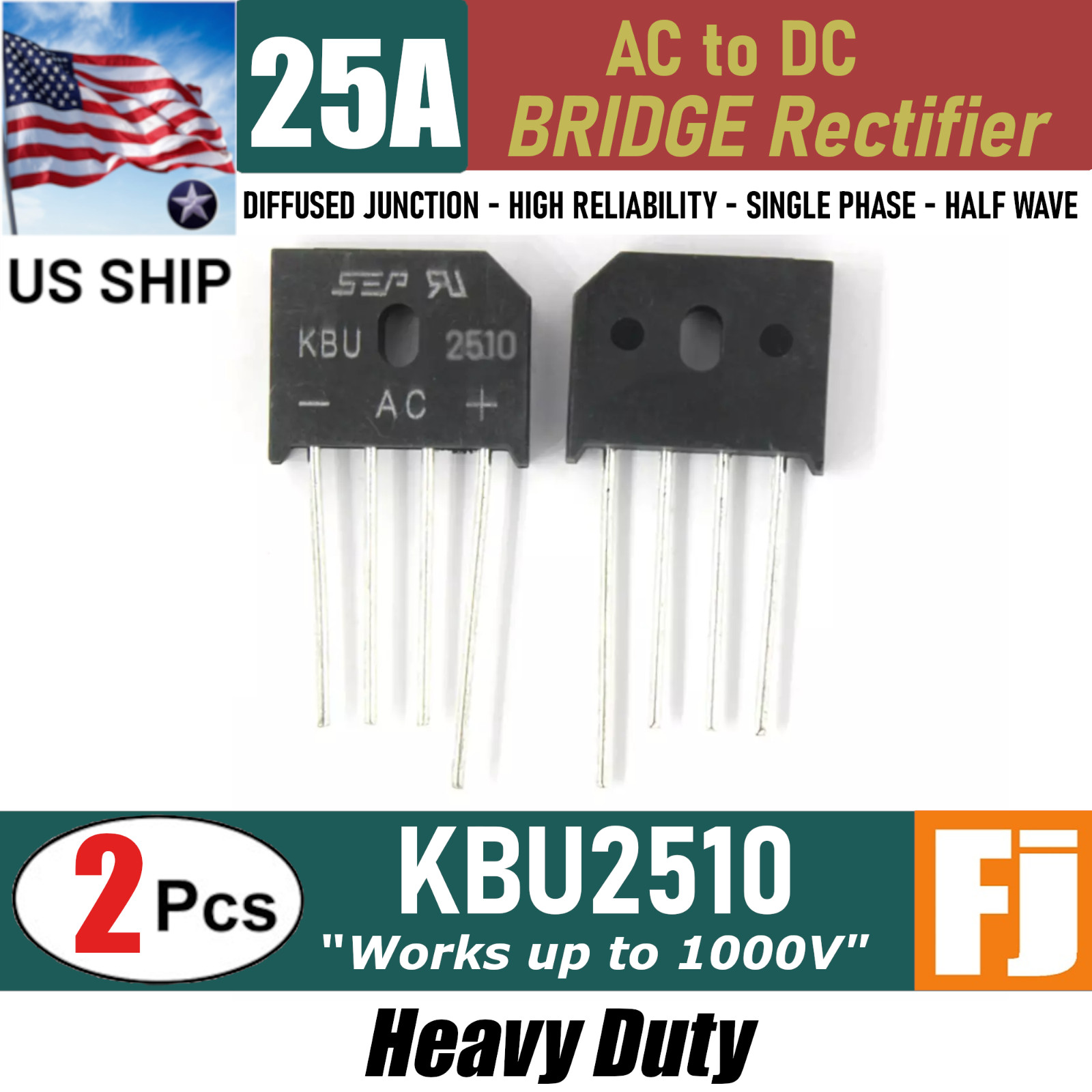 2 Pcs KBU2510 Bridge Rectifier | KBU2510 Bridge Rectifier 1000V 25A | US Ship