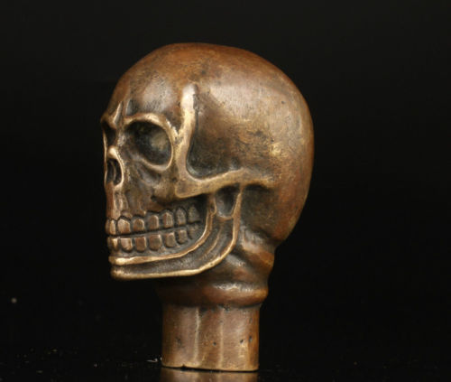 Vintage Old Bronze Hand Carved skull Statue Cane Walking Stick Head