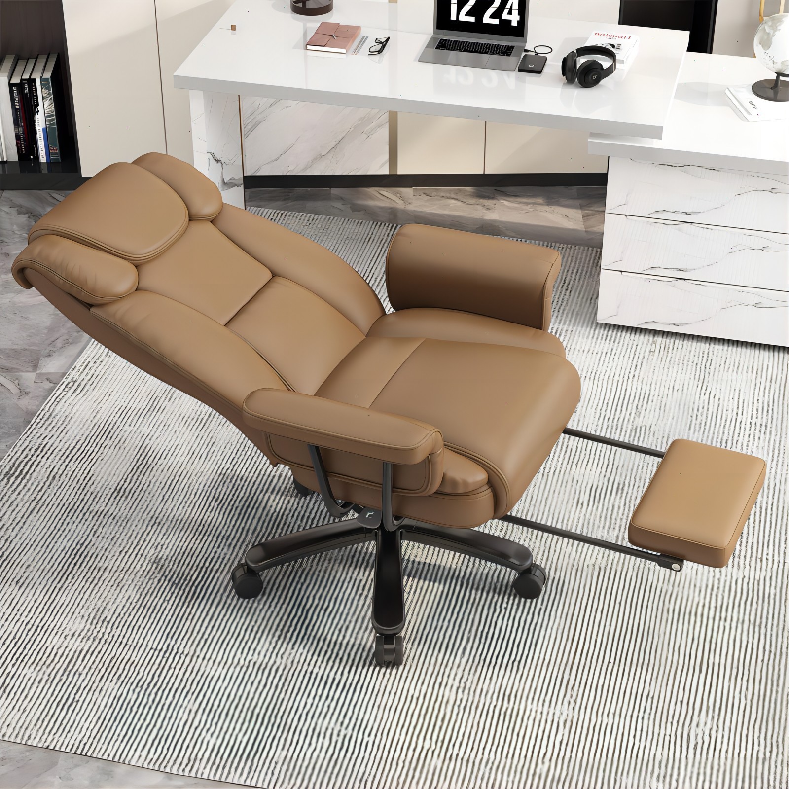 Big and Tall Office Chair 400LBS Reclining Executive Chair with Footrest Brown