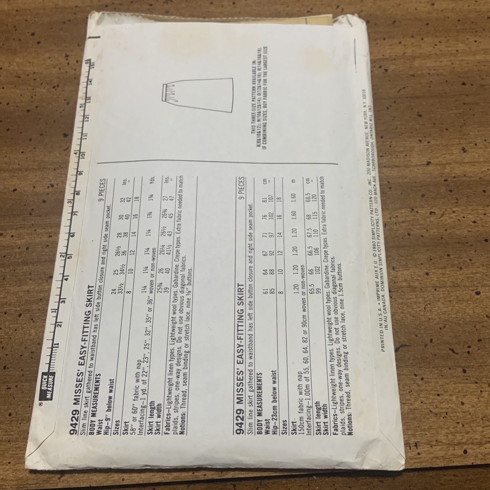 Simplicity Sewing Pattern 9429 ESP Misses Easy Fitting Skirt Buttons Sz 8,10,12