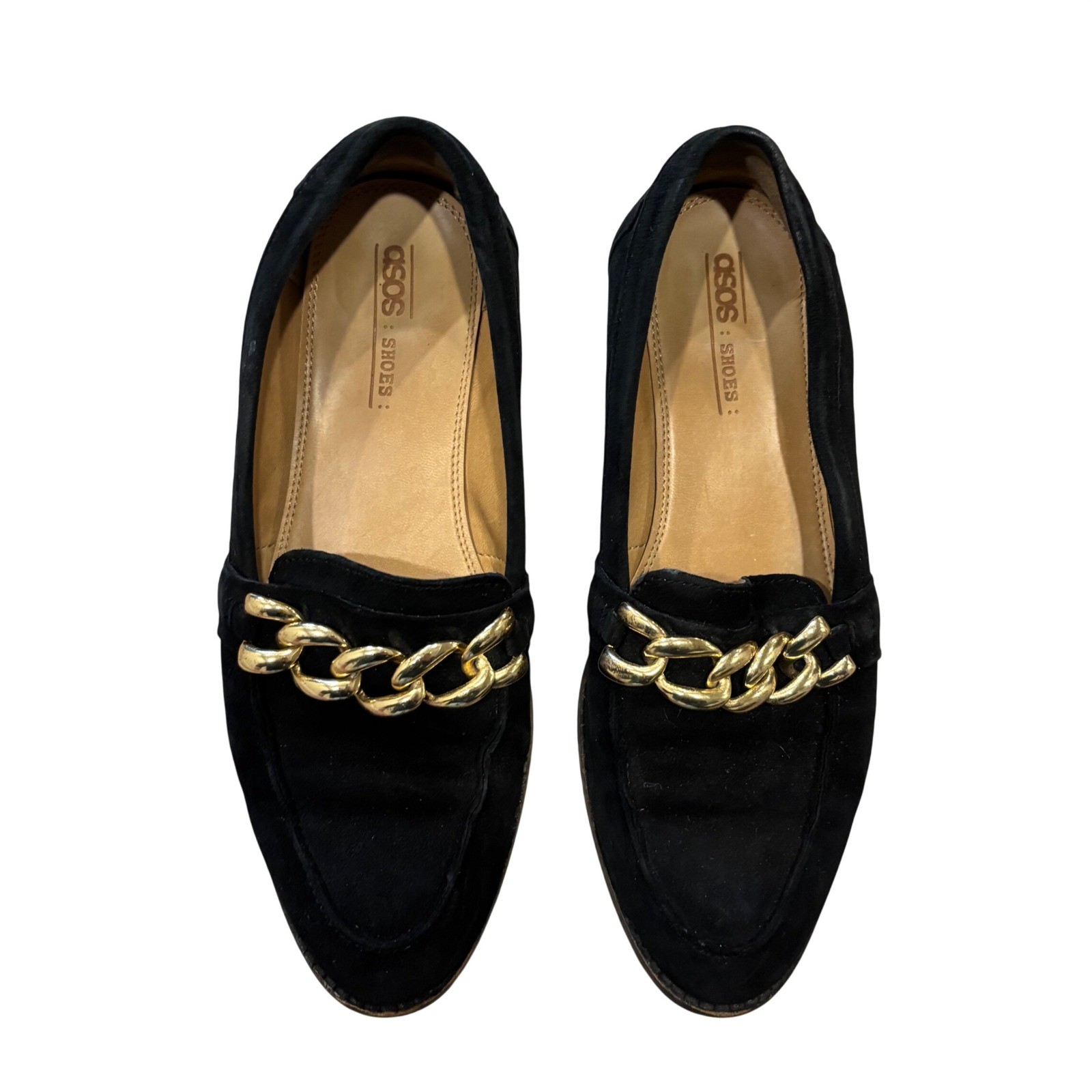 ASOS Womens Black Faux Suede Loafers Gold Chunky Chain Detail Size 5 Flat Shoes