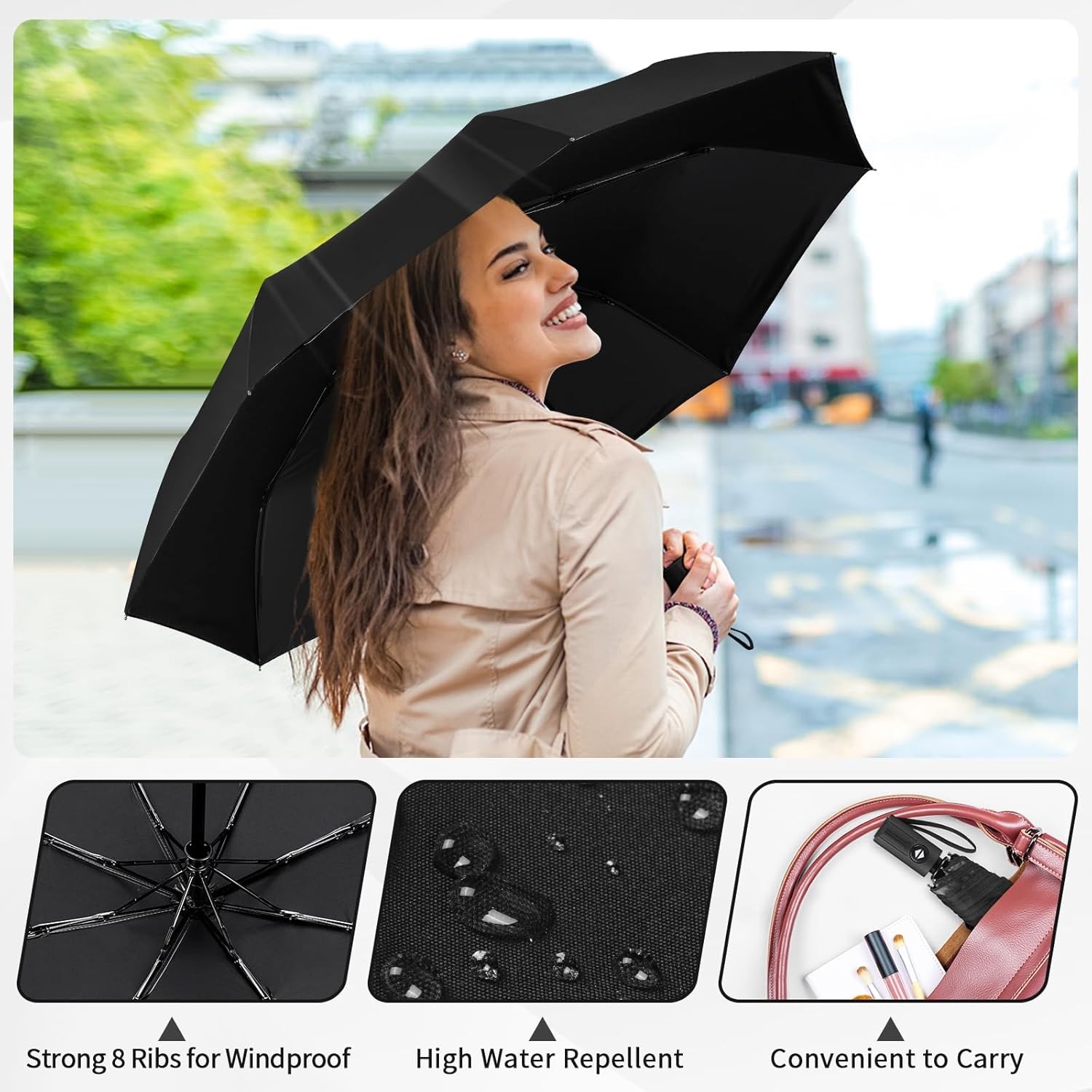 Yoobure Windproof Travel Umbrella - Automatic Umbrellas for Rain, Compact Foldin