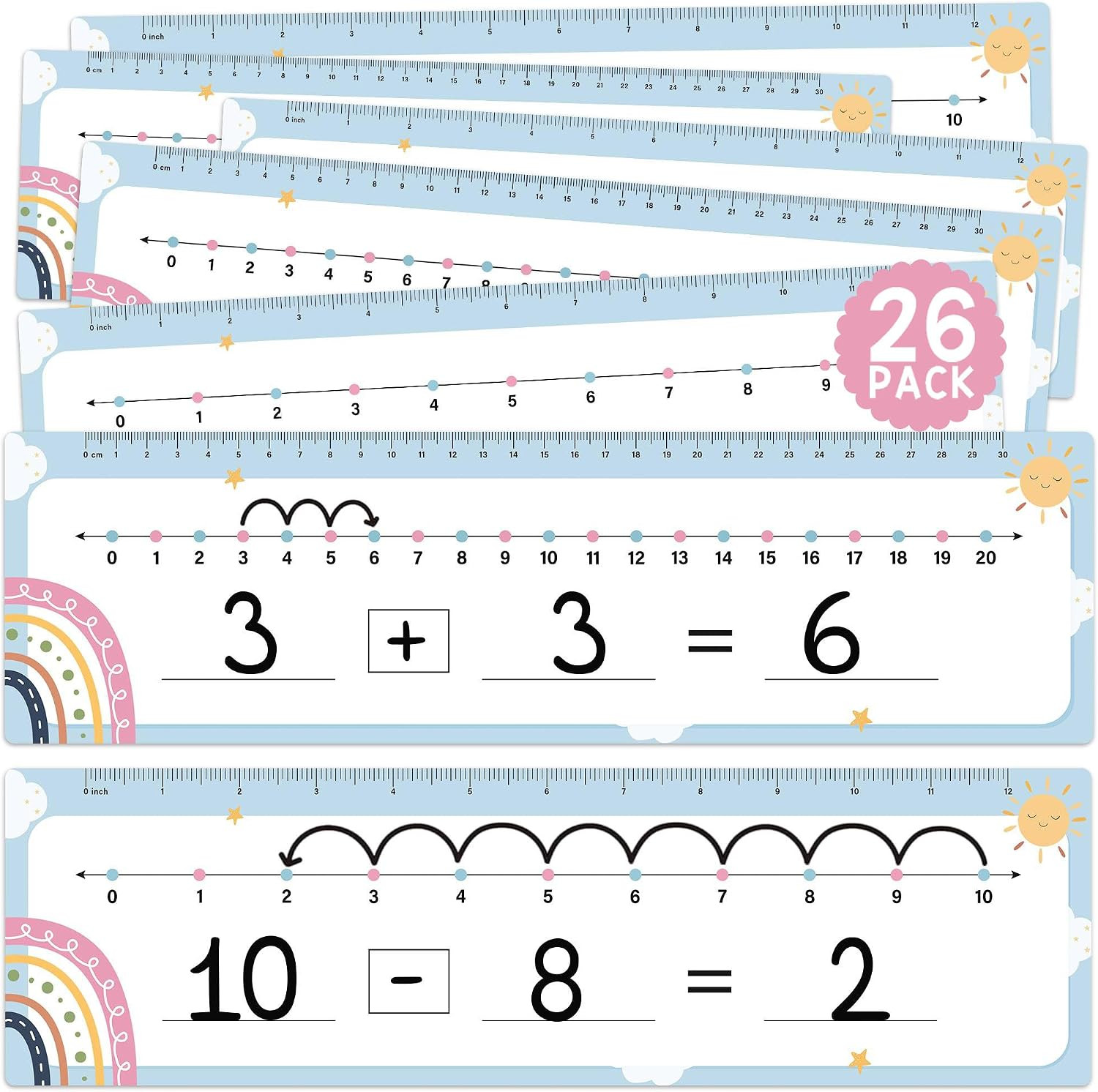26 Pack Boho Number Line Dry Erase Boards Cards, 14"X4", Double-Sided, 0-10 on O