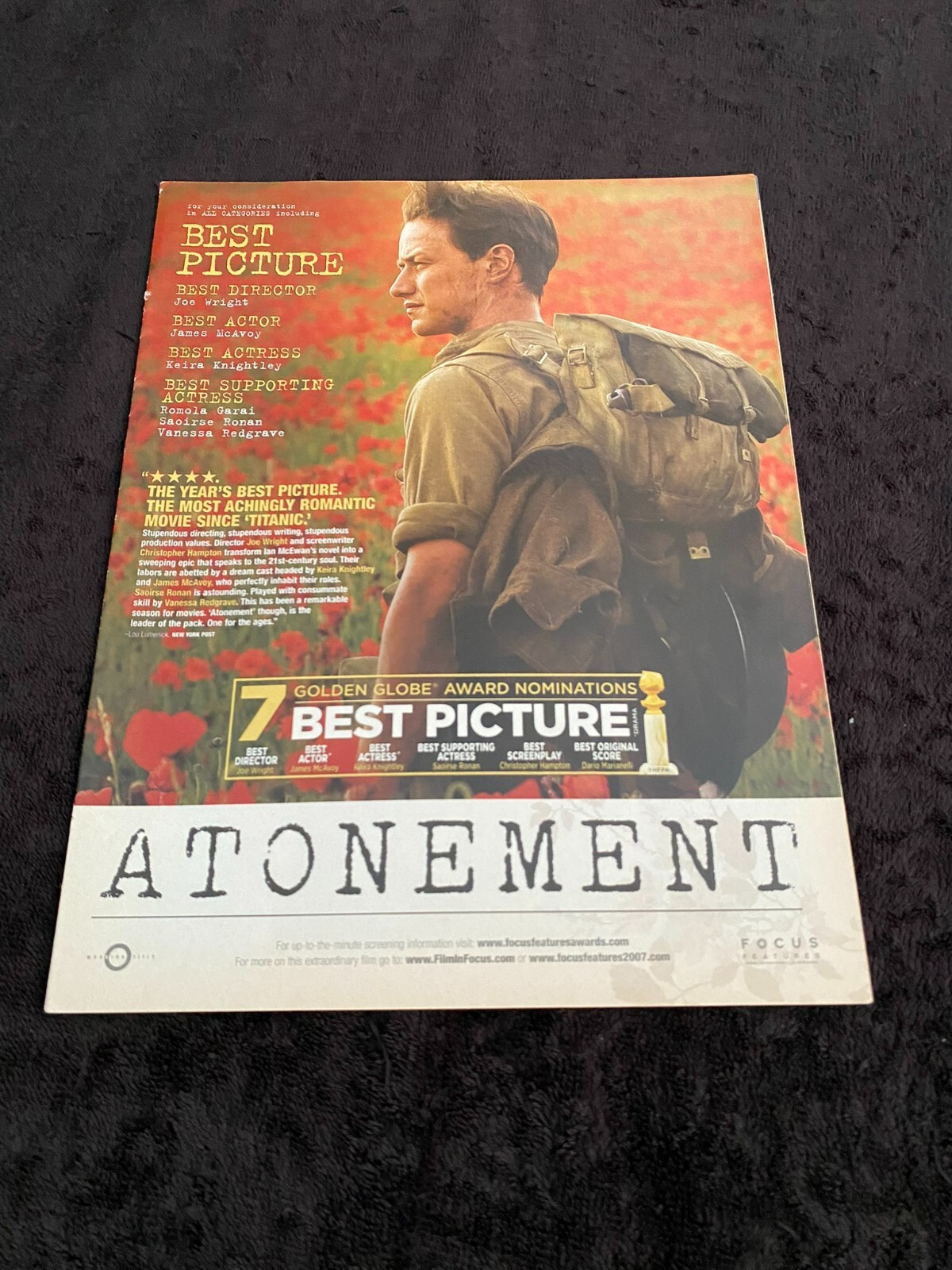 ATONEMENT 2007 Oscar ad with James McAvoy as Robbie Turner for Best Actor
