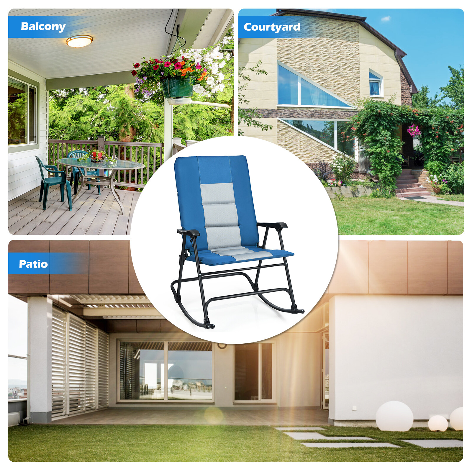 Foldable Rocking Padded Chair Portable Camping Chair with Backrest Armrest Blue