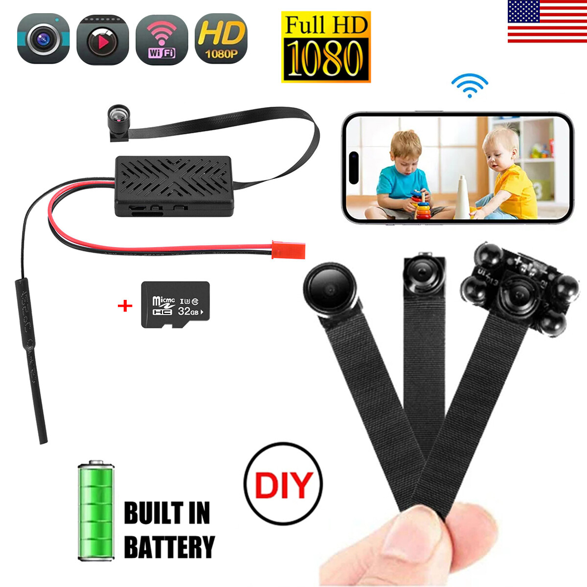 HD 1080P Mini Wifi Camera DIY Pinhole Security Motion Detection DVR 2000mAh 32G