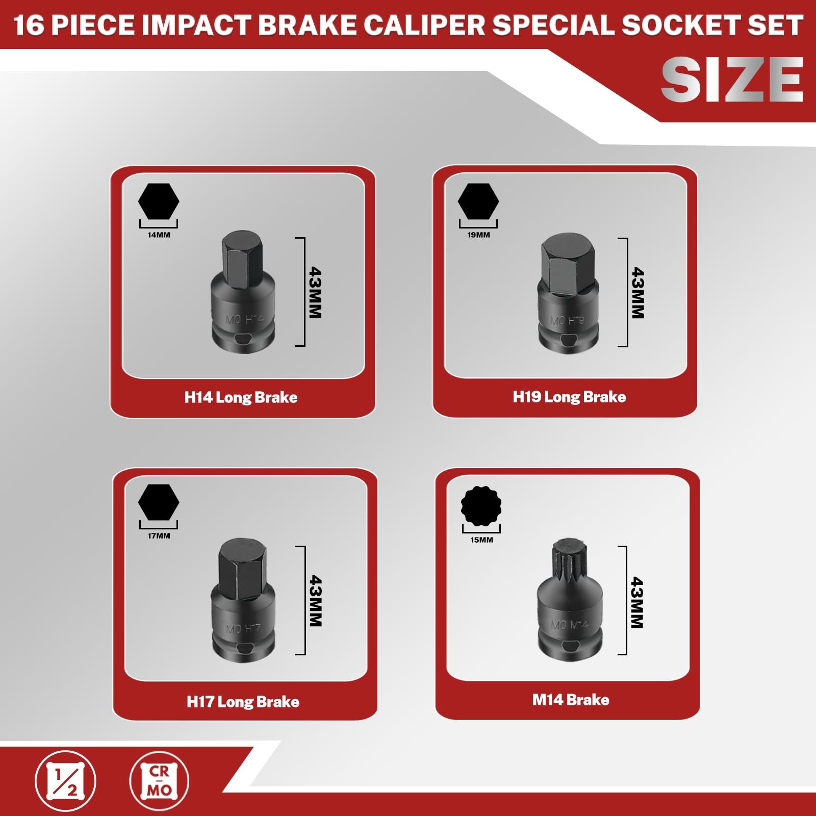 BILITOOLS 16 PCS Impact Brake Caliper Socket Set, 1/2" One Size, Black