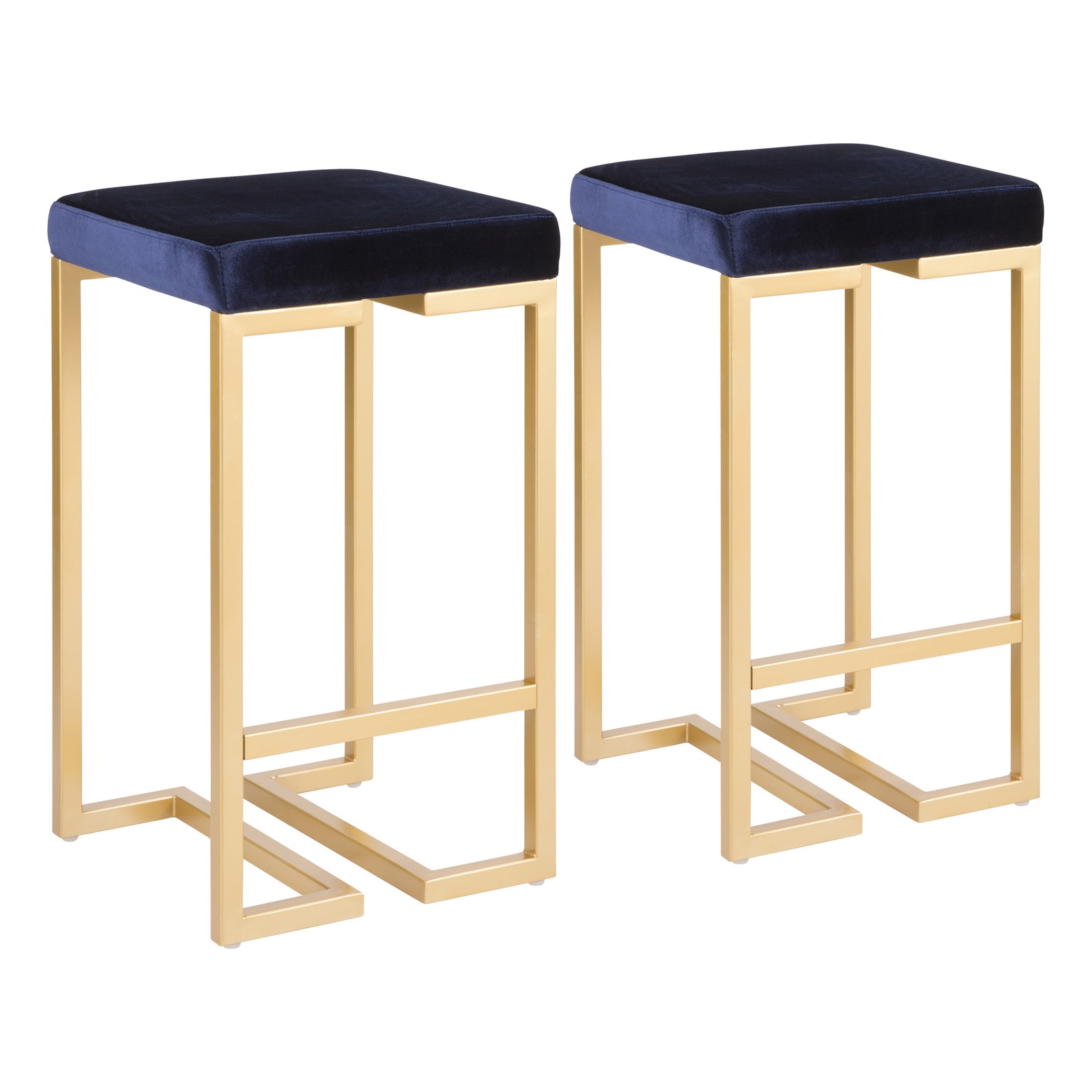 Counter Stool Set of 2, 26" Gold Frame Blue Velvet Cushion