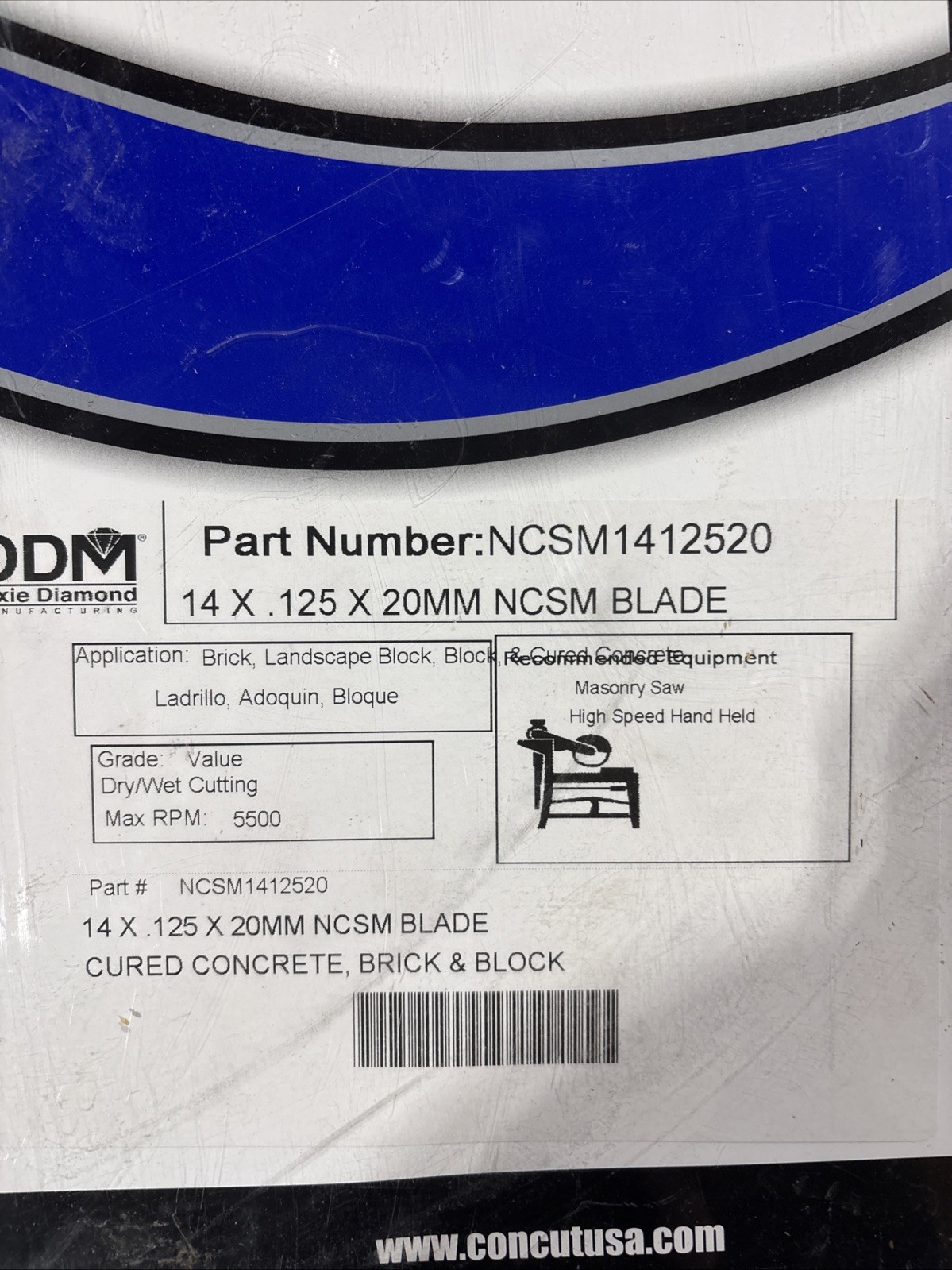 DDM Concut 14” Diamond Tools NCSM1412520. Masonry