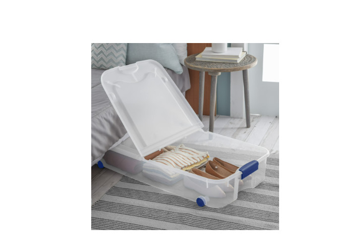 66 Qt Clear Underbed Storage Bin with Lid & Wheels Blue Rolling Box