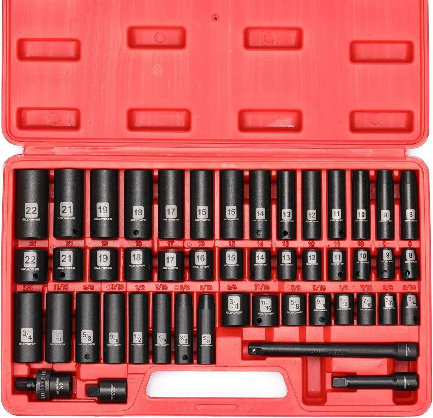 3/8"Drive Deep Impact Socket Set 48 Piece SAE/Metric 6 Point Mechanic Socket Set
