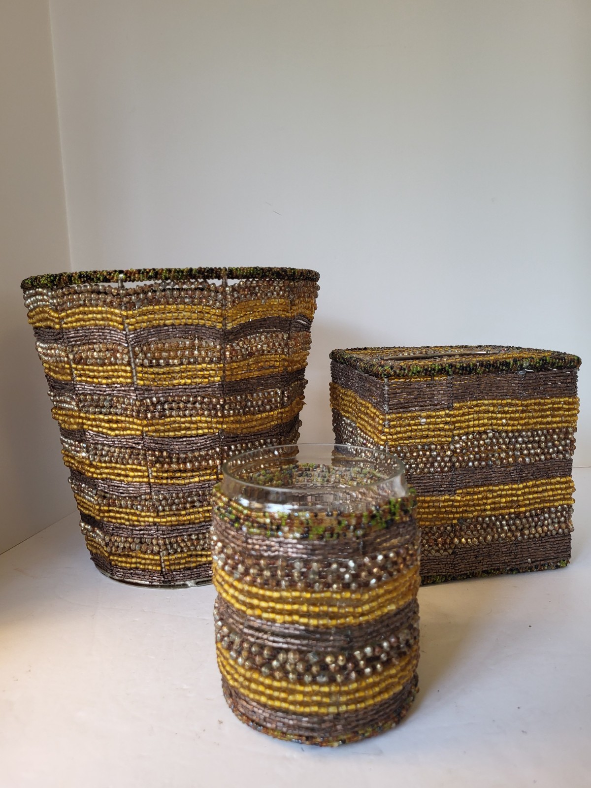 3pc Beaded Bathroom Vanity Set Wastebasket,Tissue Box,Vanity Jar Made In India