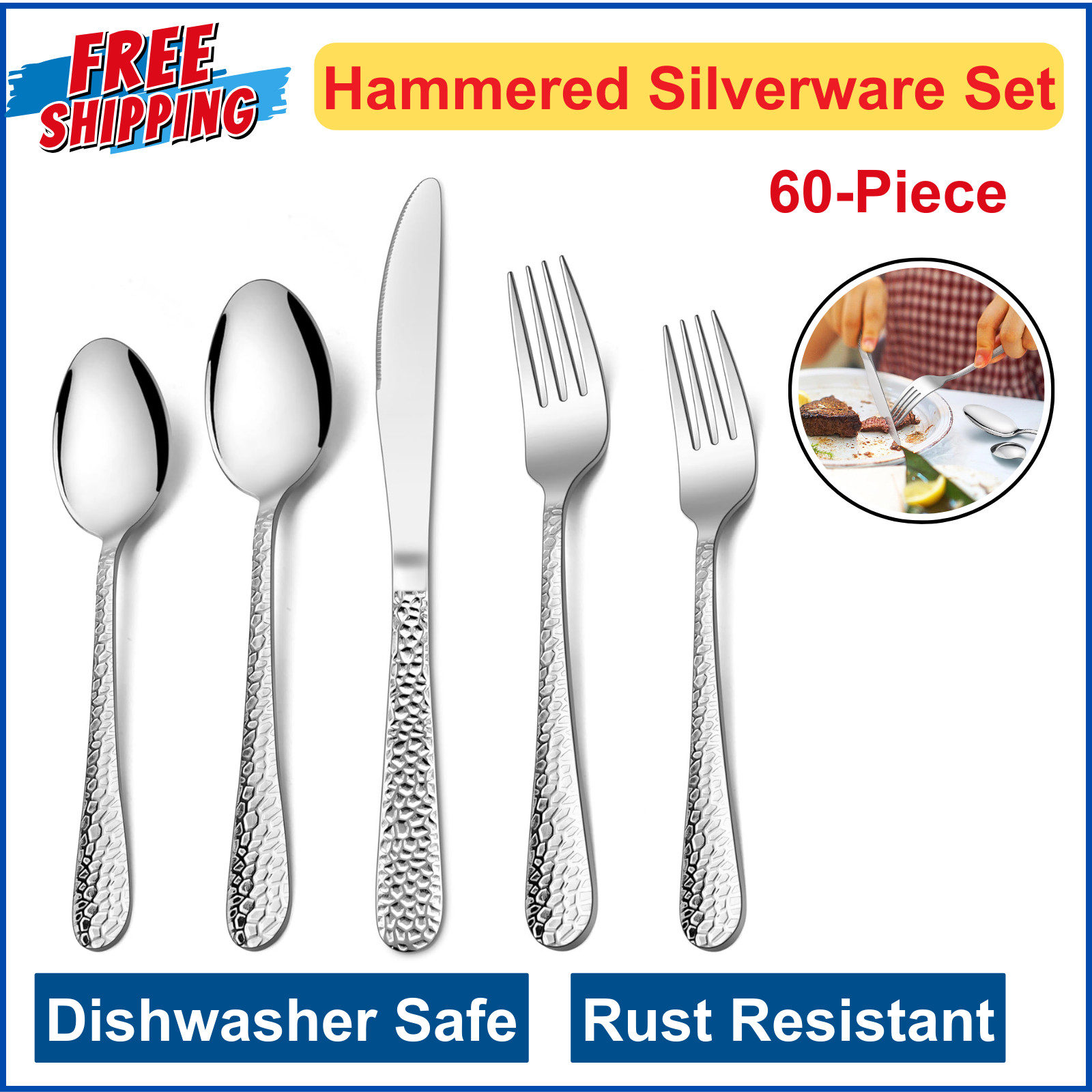 HaWare Hammered Silverware Set, 60 Pcs Stainless Steel Flatware For 12, Reusable