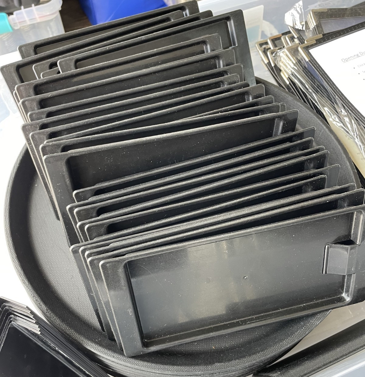Black Restaurant Check Presenters and Rectangular Serving Trays Lot