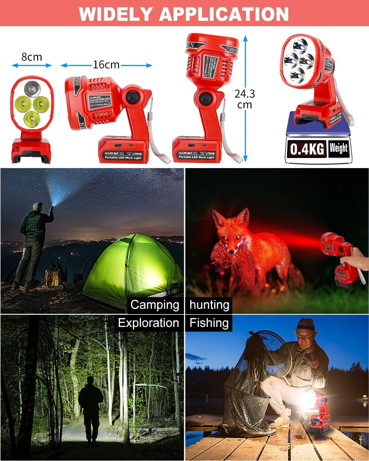 Cordless LED Work Light Flashlight for Craftsman 20v Battery Spotlight with USB